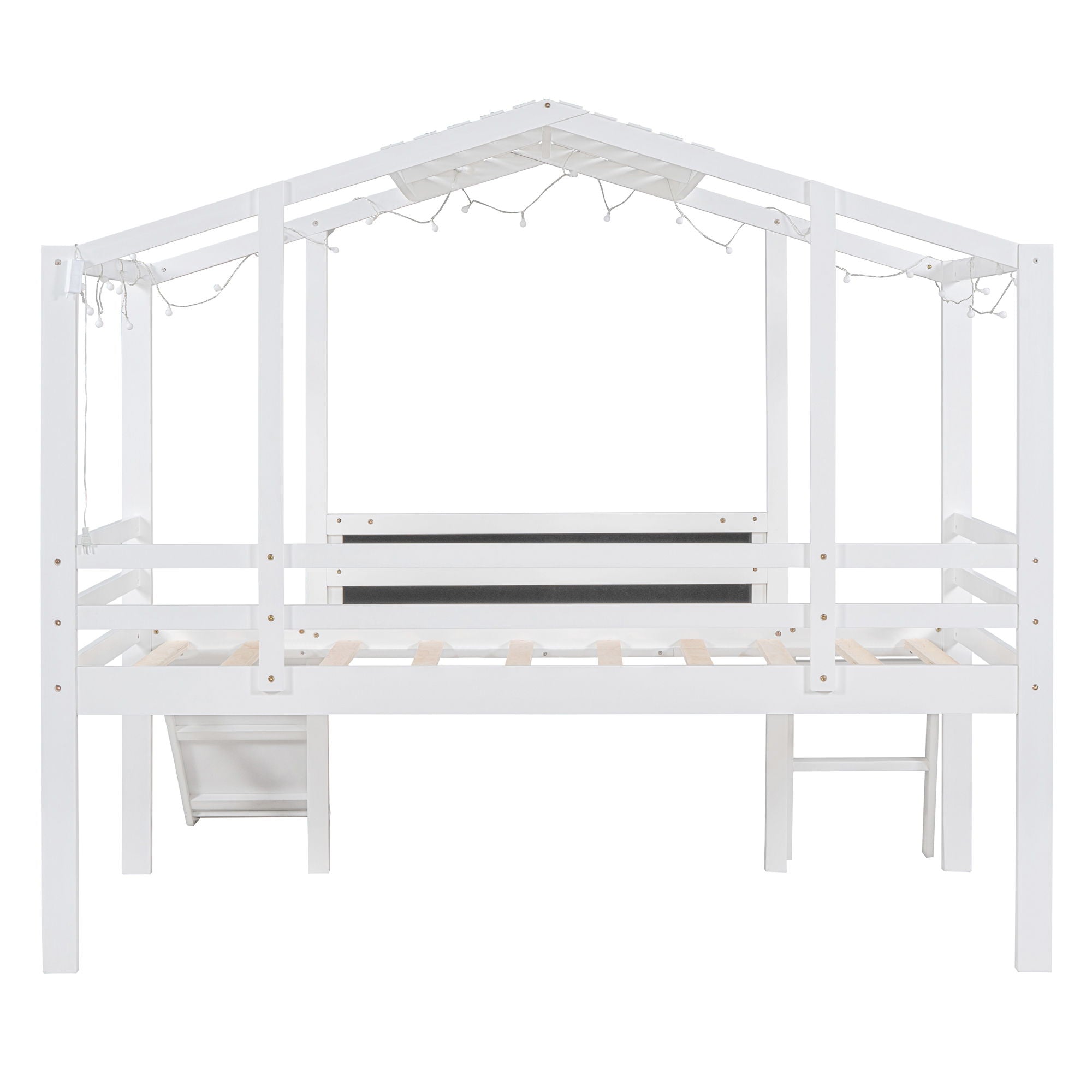 Loft House Bed With Ladder And Slide, With board And Light Strip On The Roof