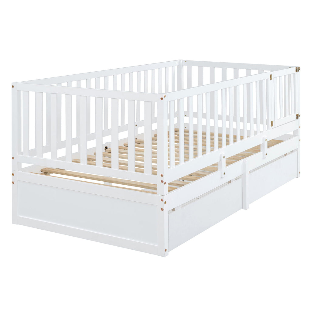 Daybed With Fence Guardrails And 2 Drawers, Split Into Independent Floor Bed & Daybed