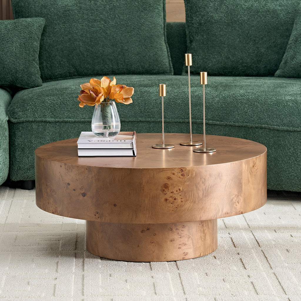 31.49" Burl Wood Veneer Round Coffee Table