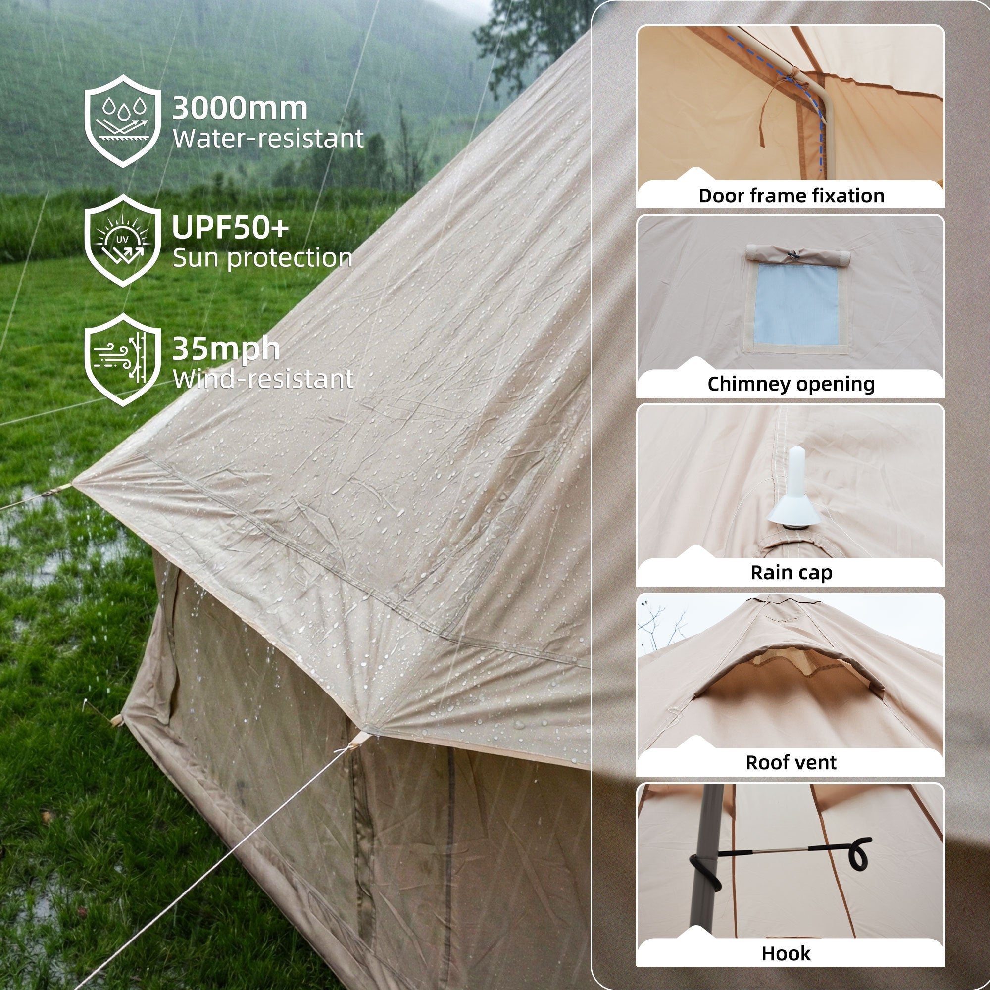 4 Season Bell Tent 9.8 FT Beige Waterproof Glamping Yurt Tent