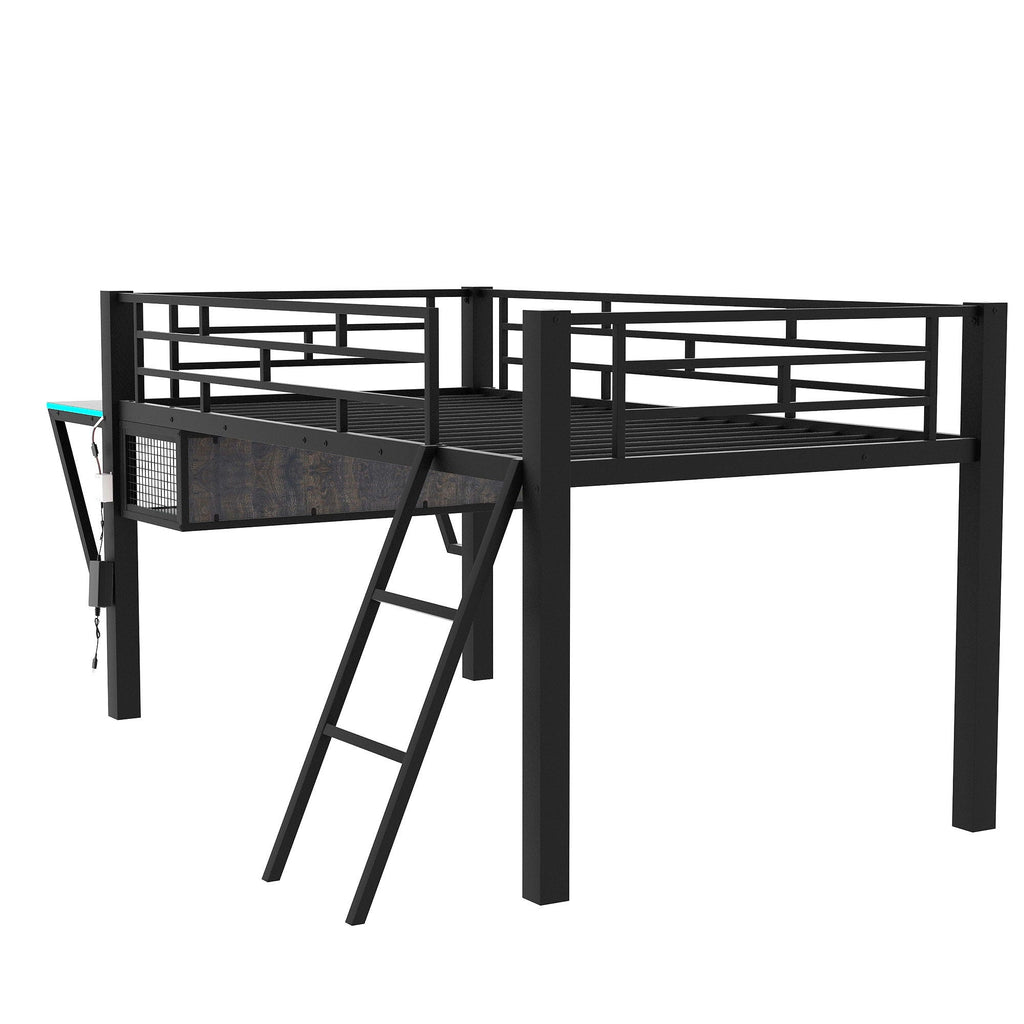 Modern Gaming Mid Loft Bed With Desk And LED Lights