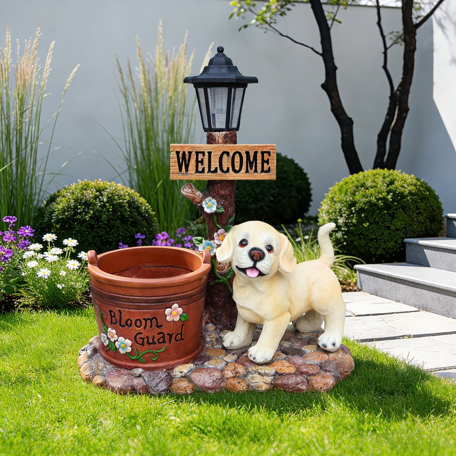 Labrador Puppy Solar Planter Garden Statue