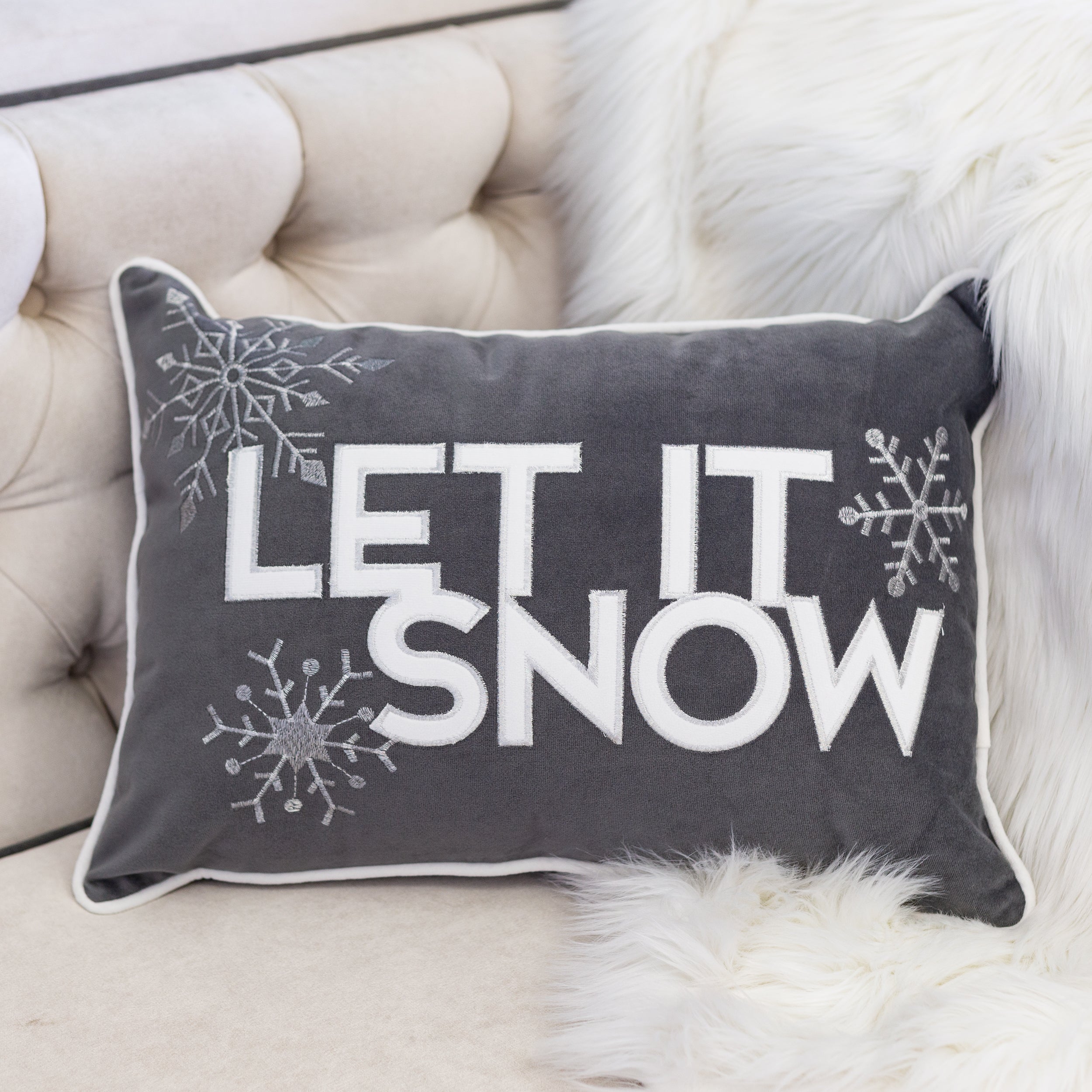 Nneka Let It Snow Gray Velvet Lumbar Pillow with Insert 14x20