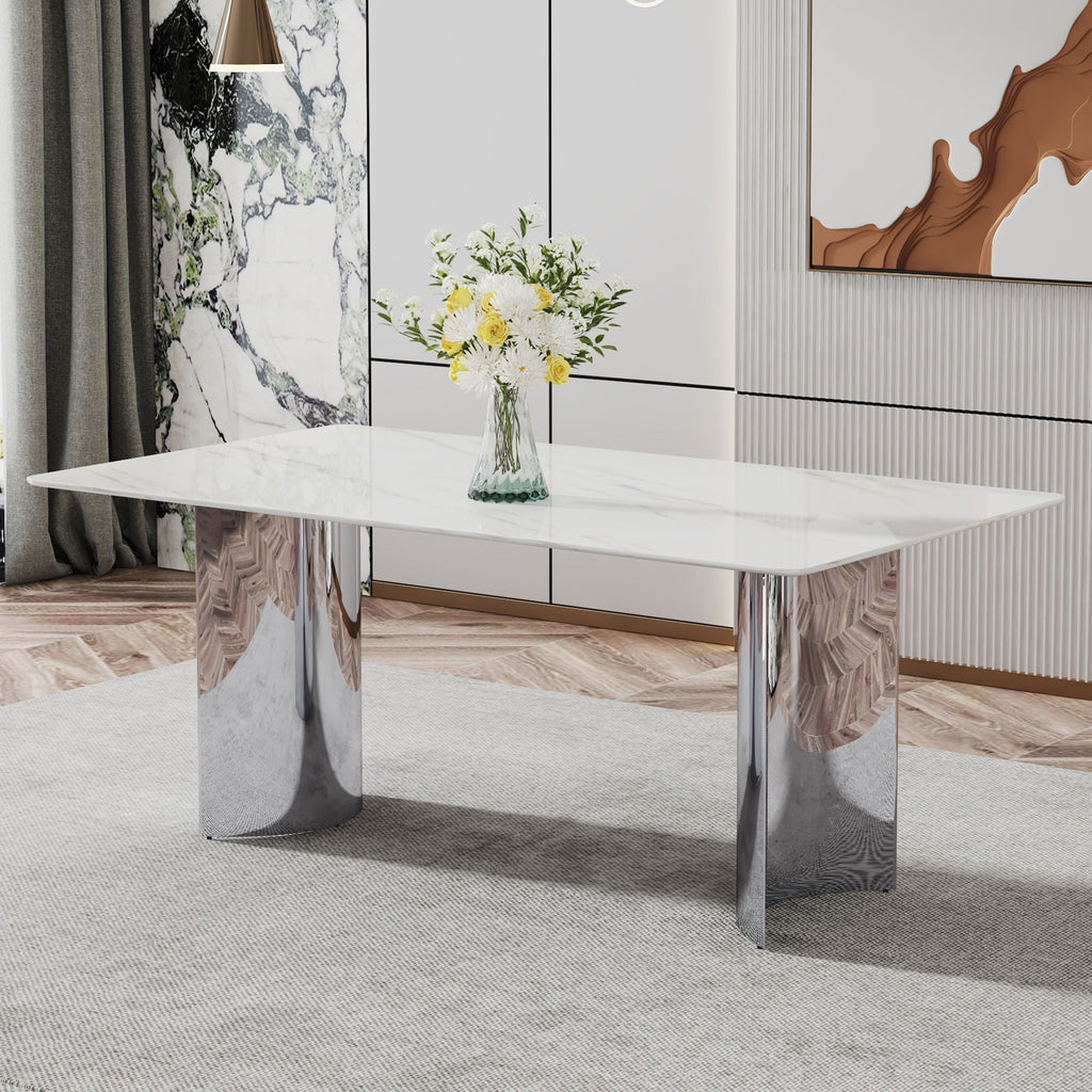Modern Minimalist Dining Table with Imitation Marble Glass Top and Metal Legs