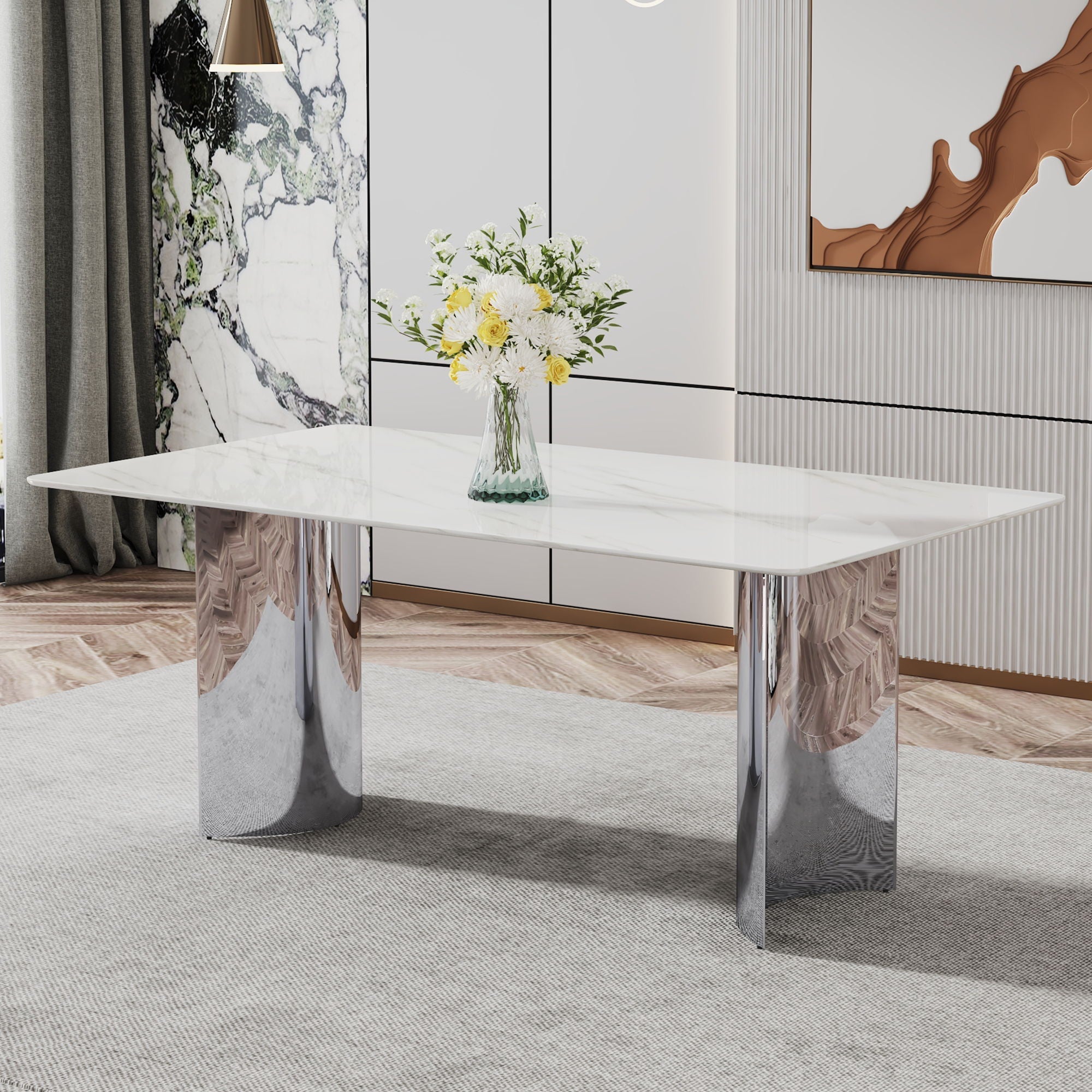 Modern Minimalist Dining Table with Imitation Marble Glass Top and Metal Legs