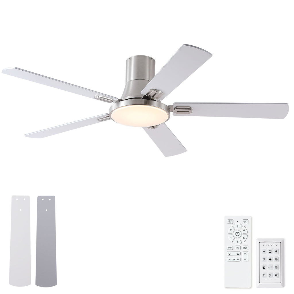 Flush Mount Ceiling Fans With LED Light And Remote Control, 5 Blades