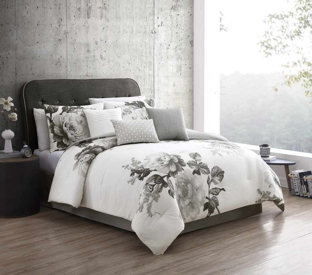 Ridgely 7 Pc Watercolor Black and White Floral Comforter Set