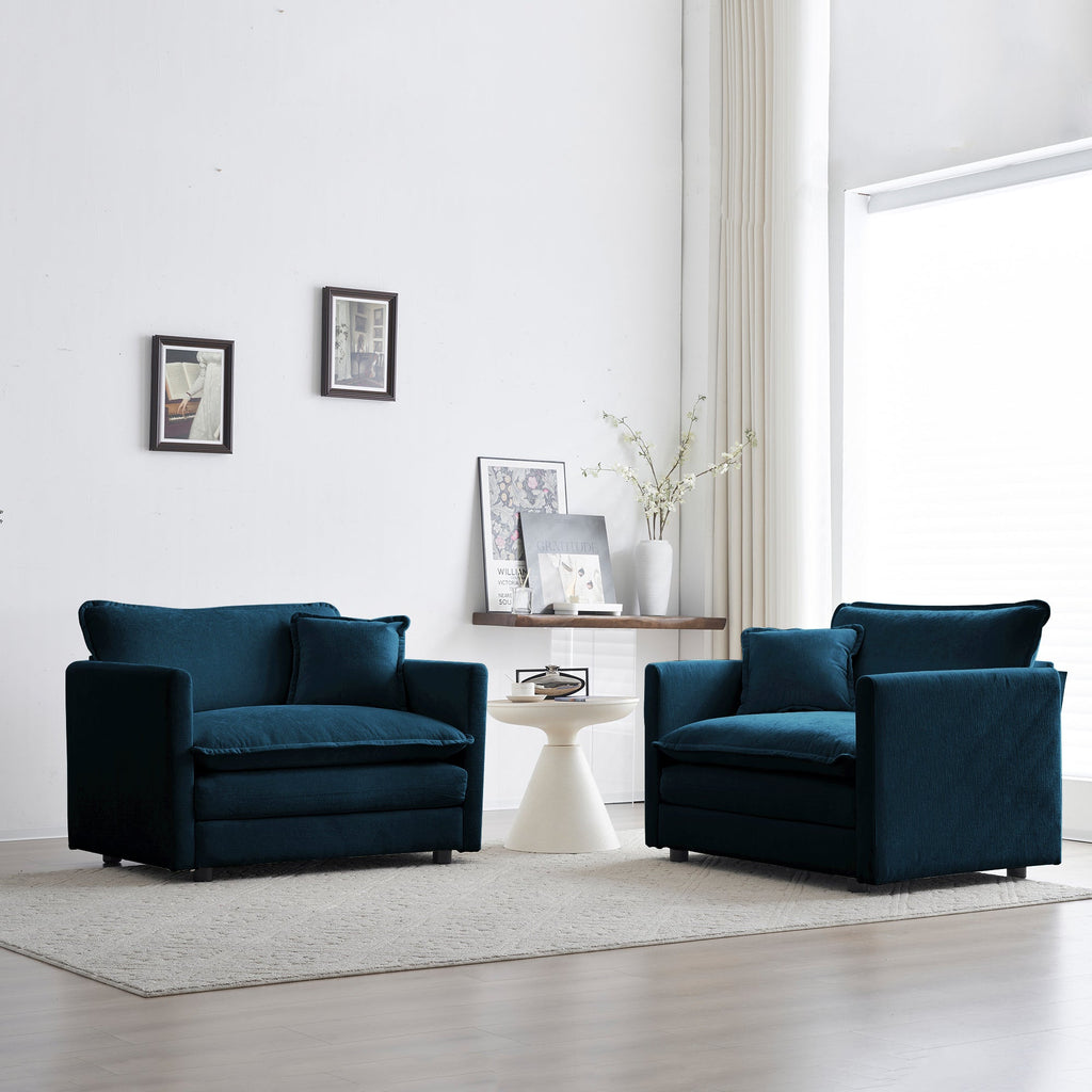 Accent Chair Set of 2, Blue Chenille Upholstered Armchairs