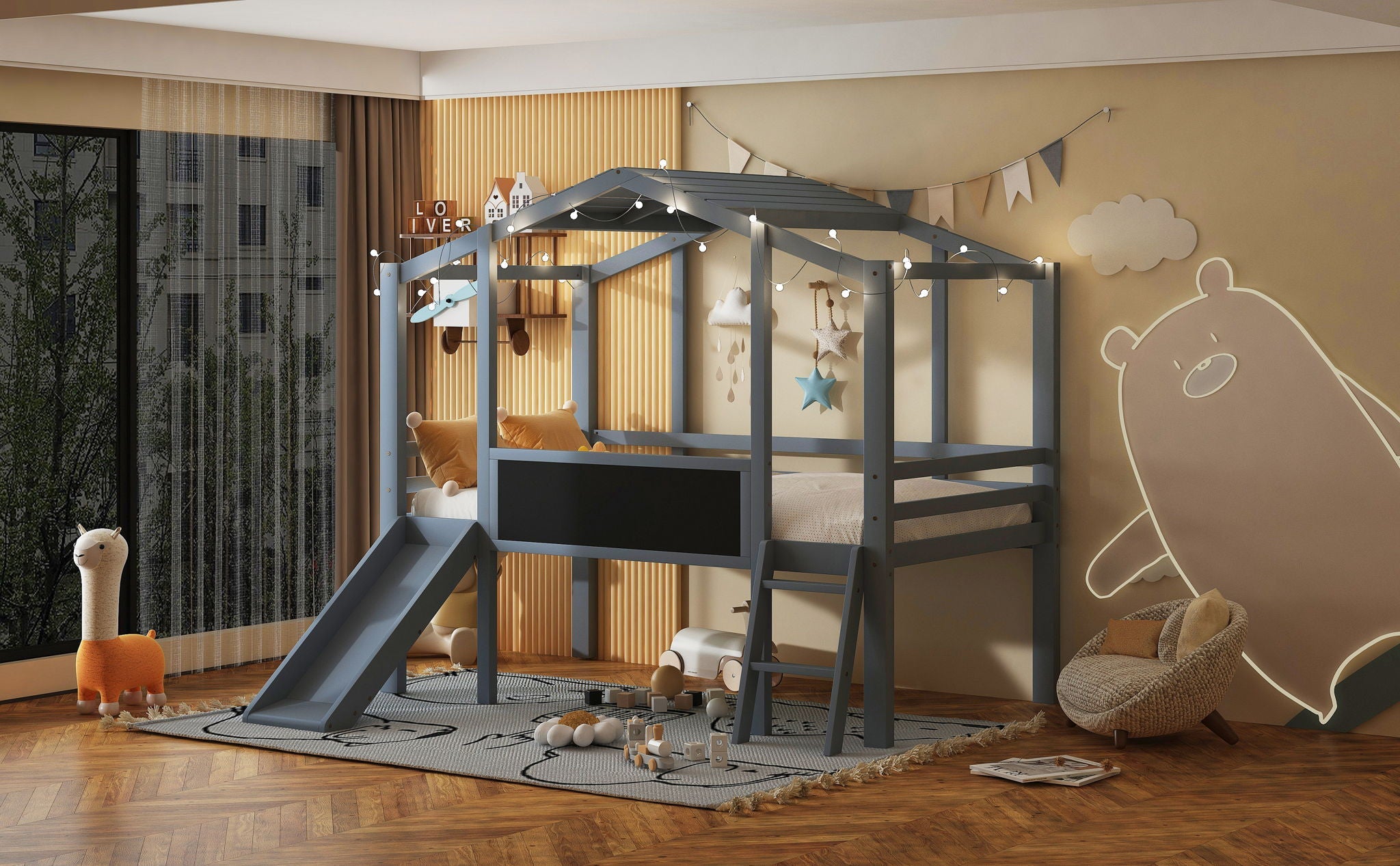 Loft House Bed With Ladder And Slide, With board And Light Strip On The Roof