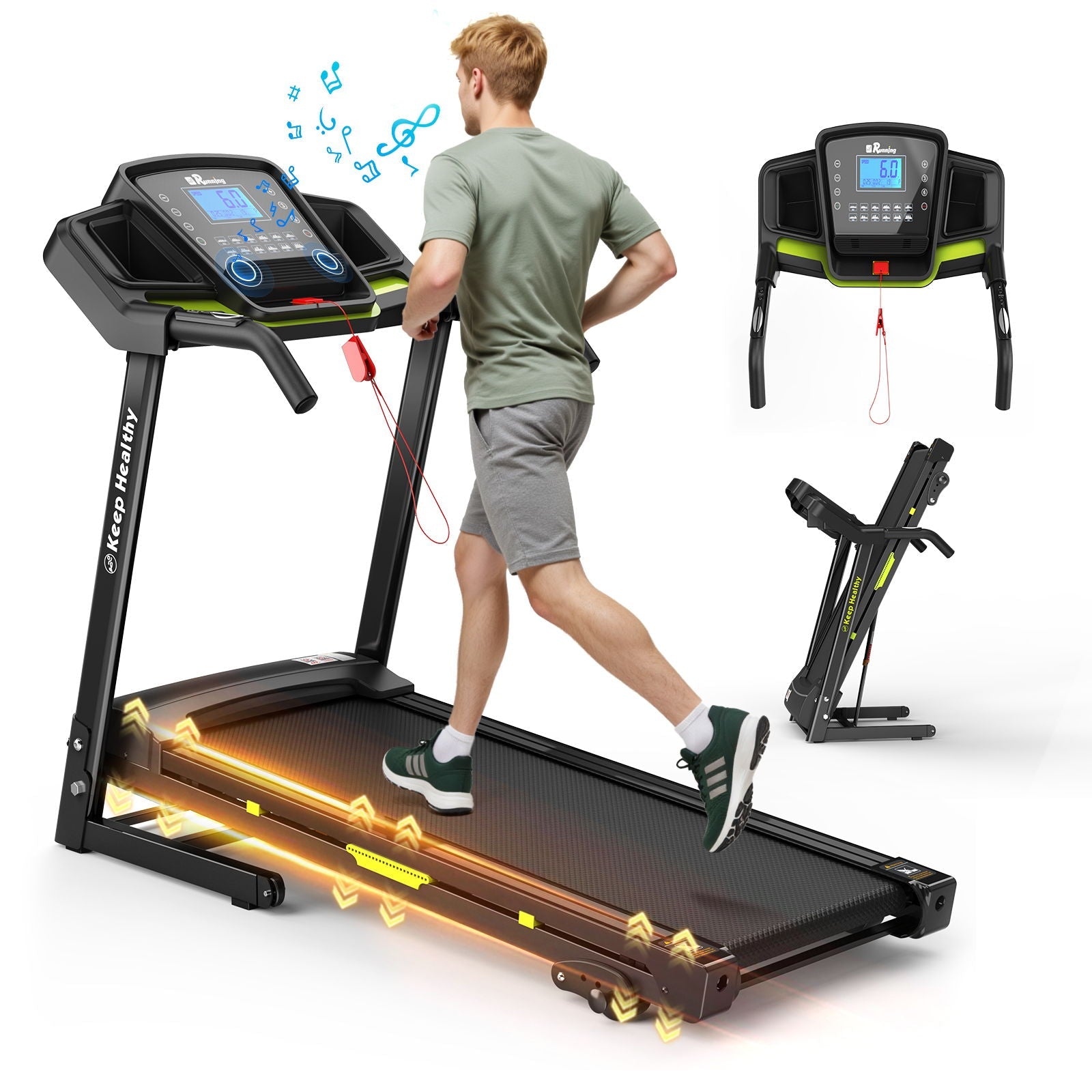 Foldable Treadmill With Incline For Home, Electric Running Machine With Speed Control, Pulse Monitor, 12 Training Programs - Black
