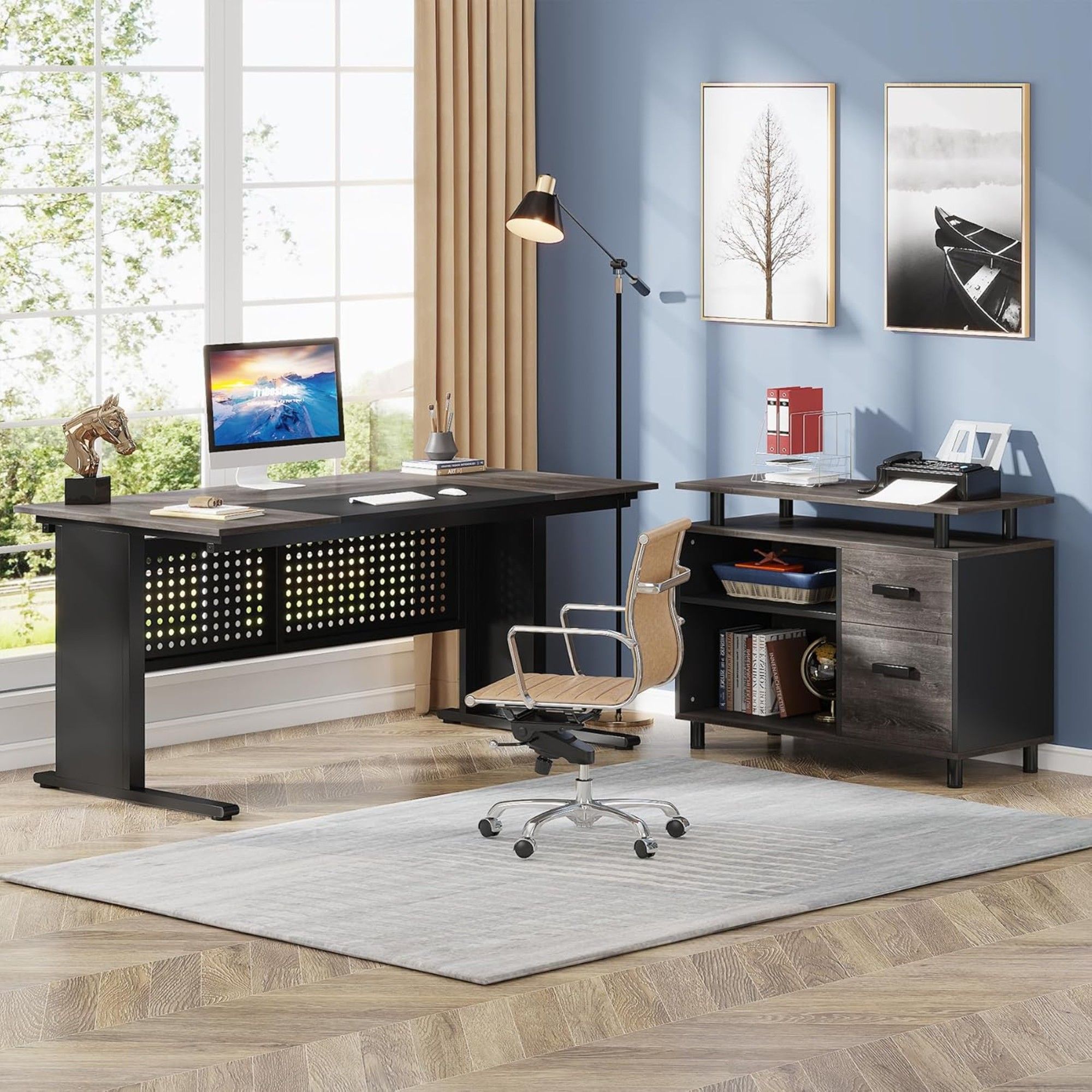 L-Shaped Executive Desk With File Cabinet, Office Workstation With Drawers, Shelves & Storage