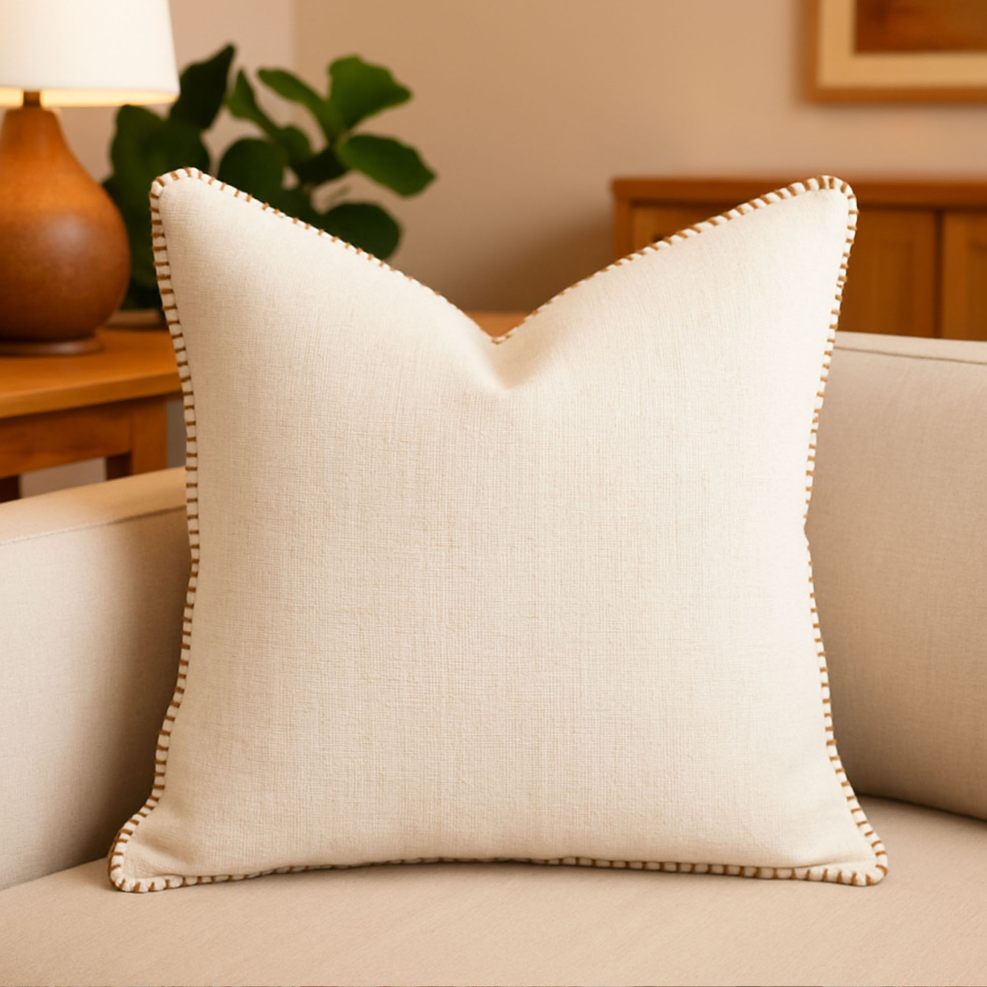 Homey Cozy Throw Pillow With Decorative Stitching - Ivory