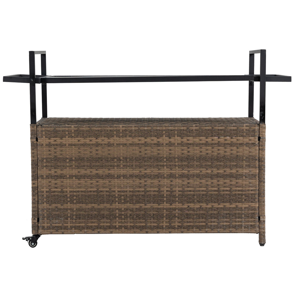 Outdoor Wicker Bar Cart with Glass Top and Wheels