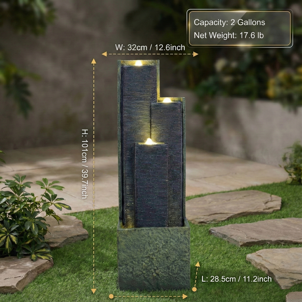 39" H Outdoor Water Fountain Modern Cascading Freestanding Fountain with LED Lights for Garden Patio Porch Lawn