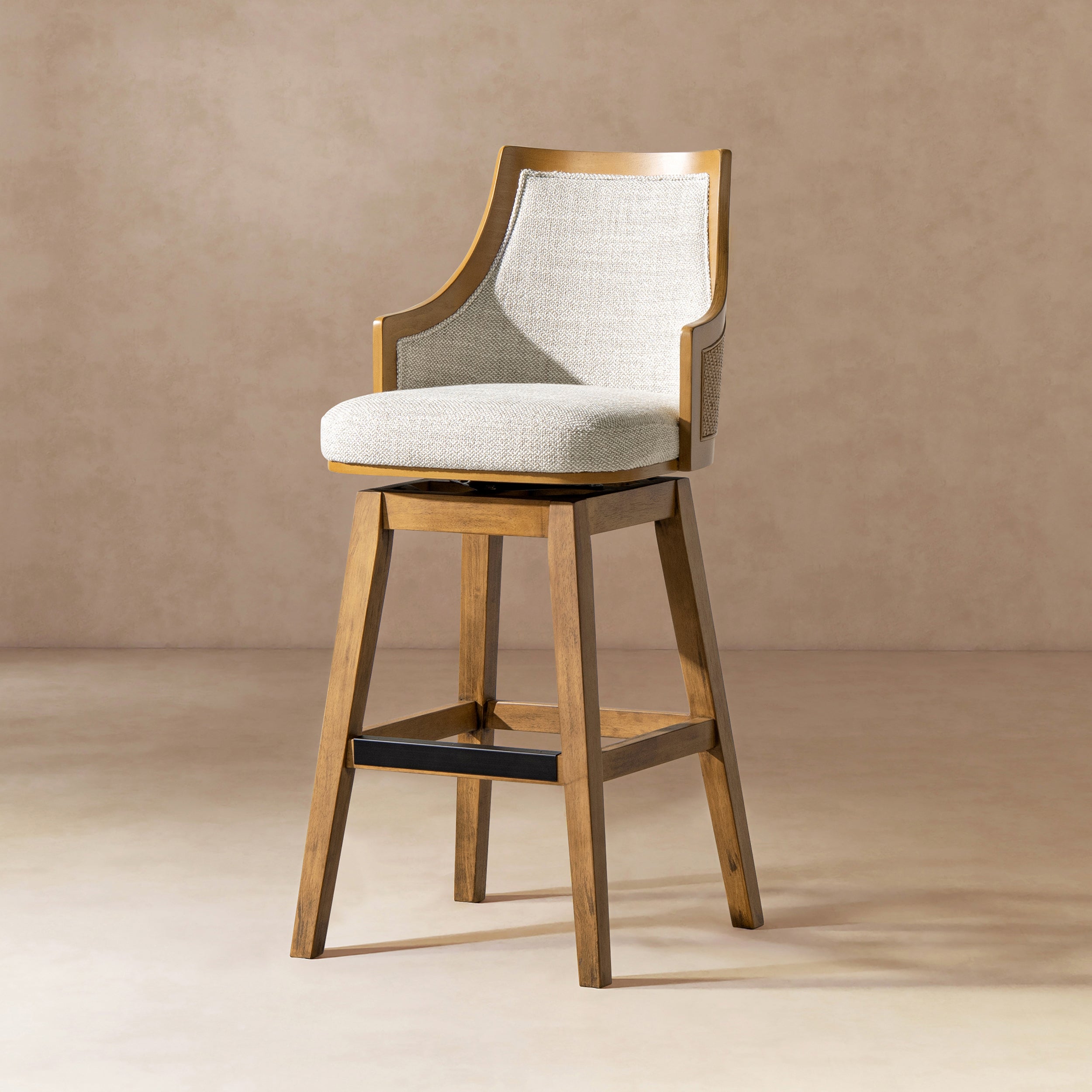 Bahama 30' Cane Rattan High-Back Swivel Bar Stool with Recessed Arms, Two-Tone Neutral Gray Polyester Wool Blend