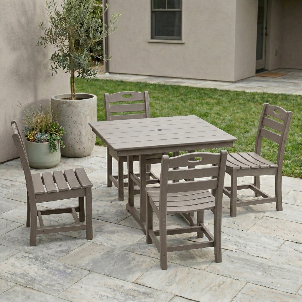 Antique Wood Color HDPE 5-Piece Outdoor Patio Dining Set with Square Table and 4 Armless Chairs, Umbrella Hole