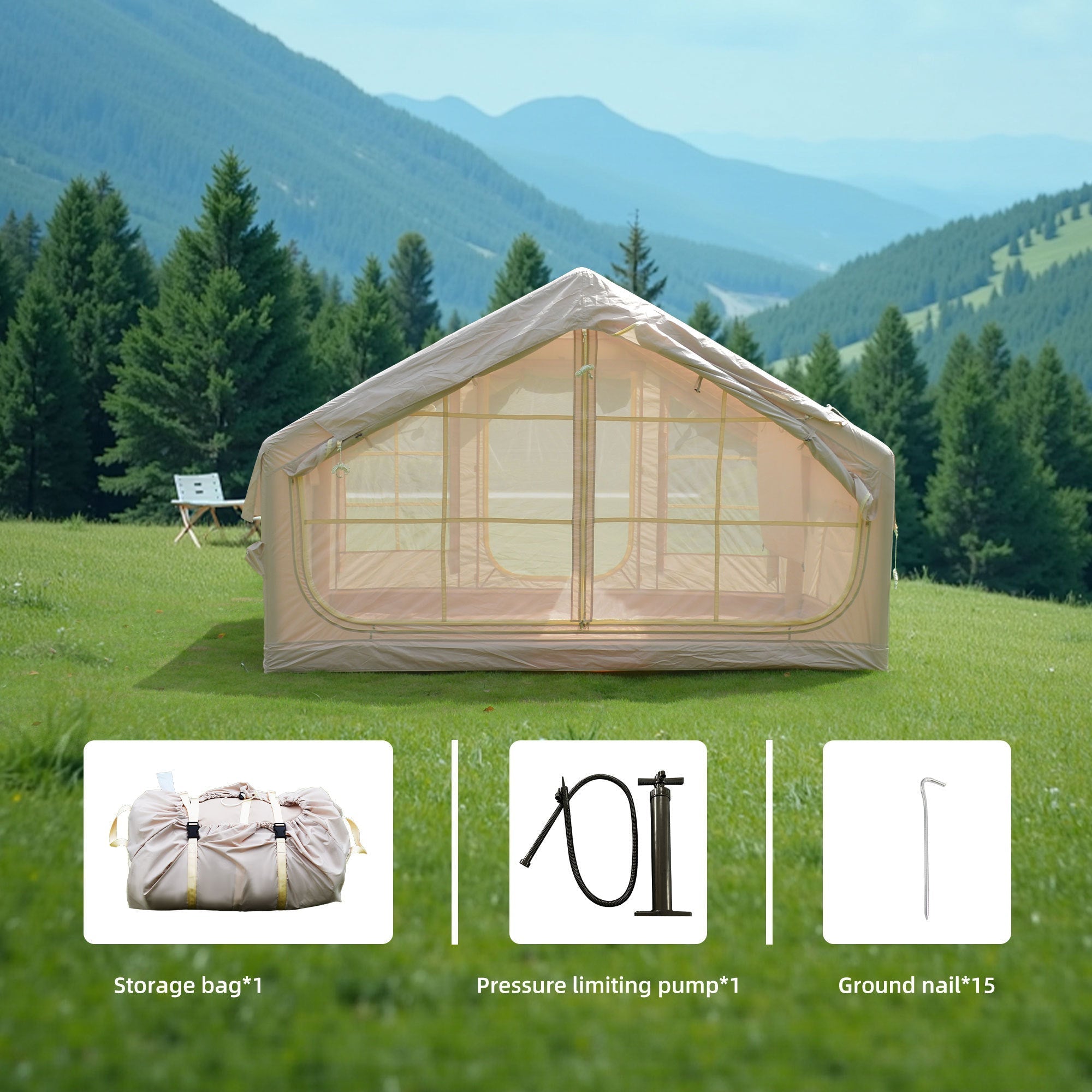 6.3m² Inflatable Camping Tent with Clear Skylight and 420D Oxford Waterproof Fabric