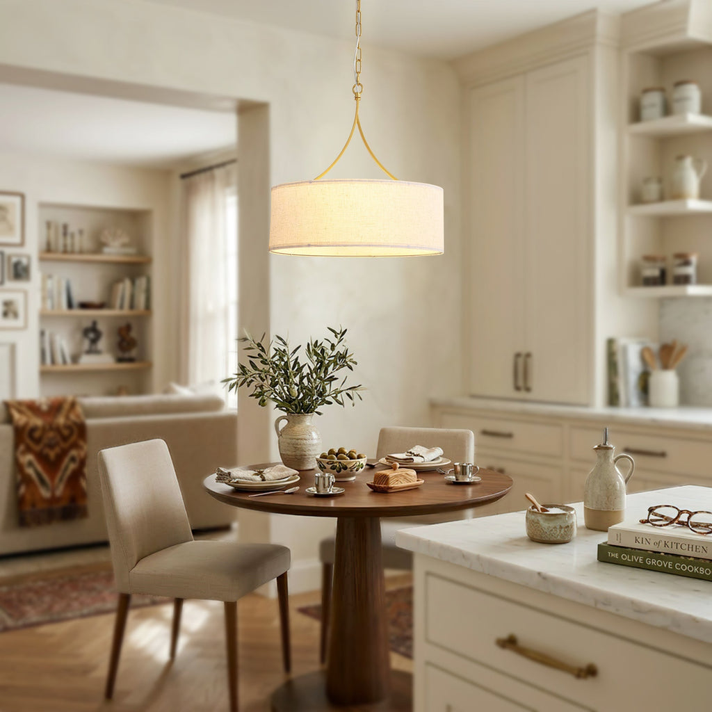 3-Light Gold Fabric Drum Pendant Light