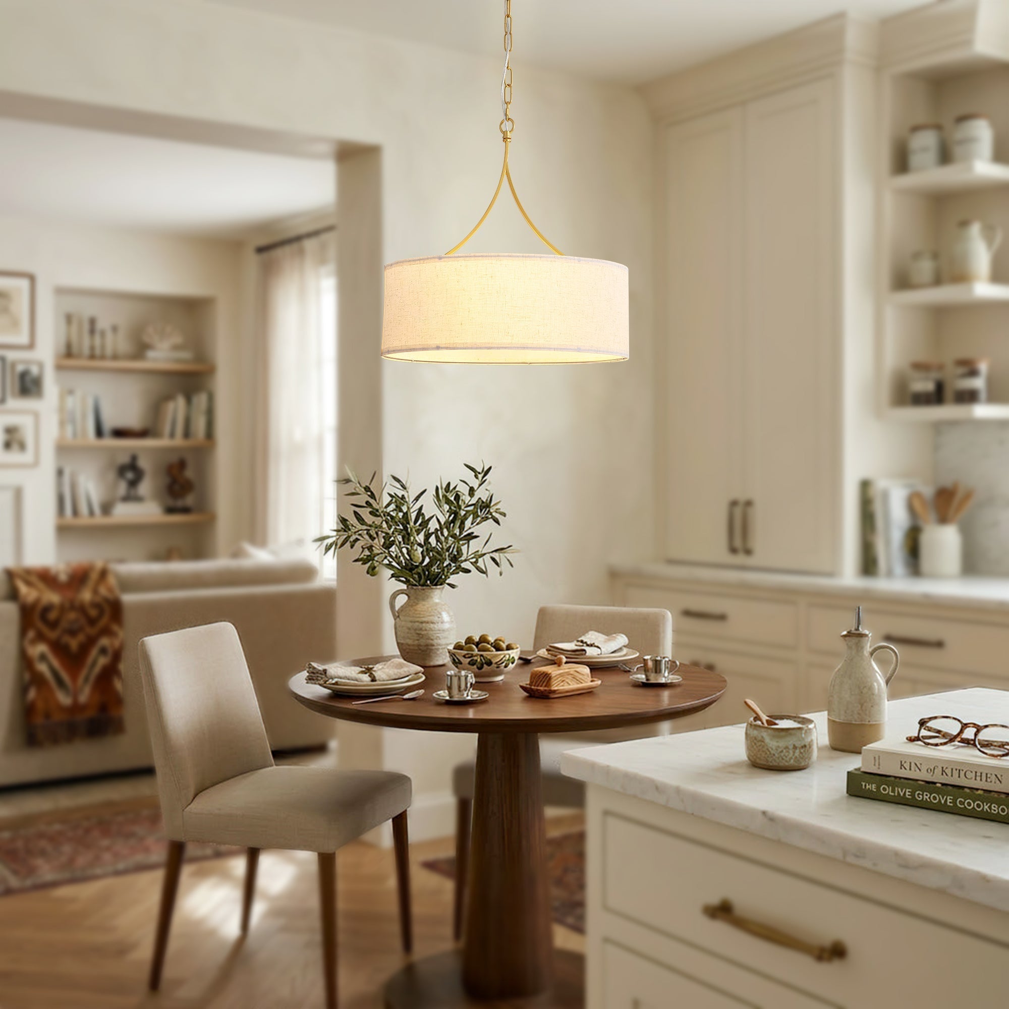 3-Light Gold Fabric Drum Pendant Light