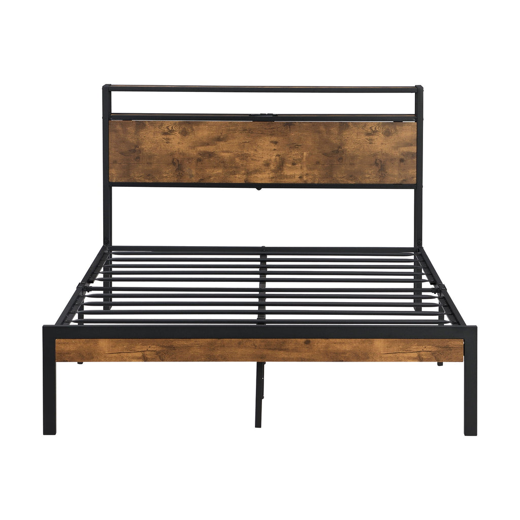 Platform Bed Frame With Wooden Headboard And Footboard, USB Liner