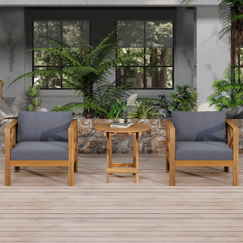 Patio Conversation Set with Foldable Acacia Wood Table and Cushioned Armchairs