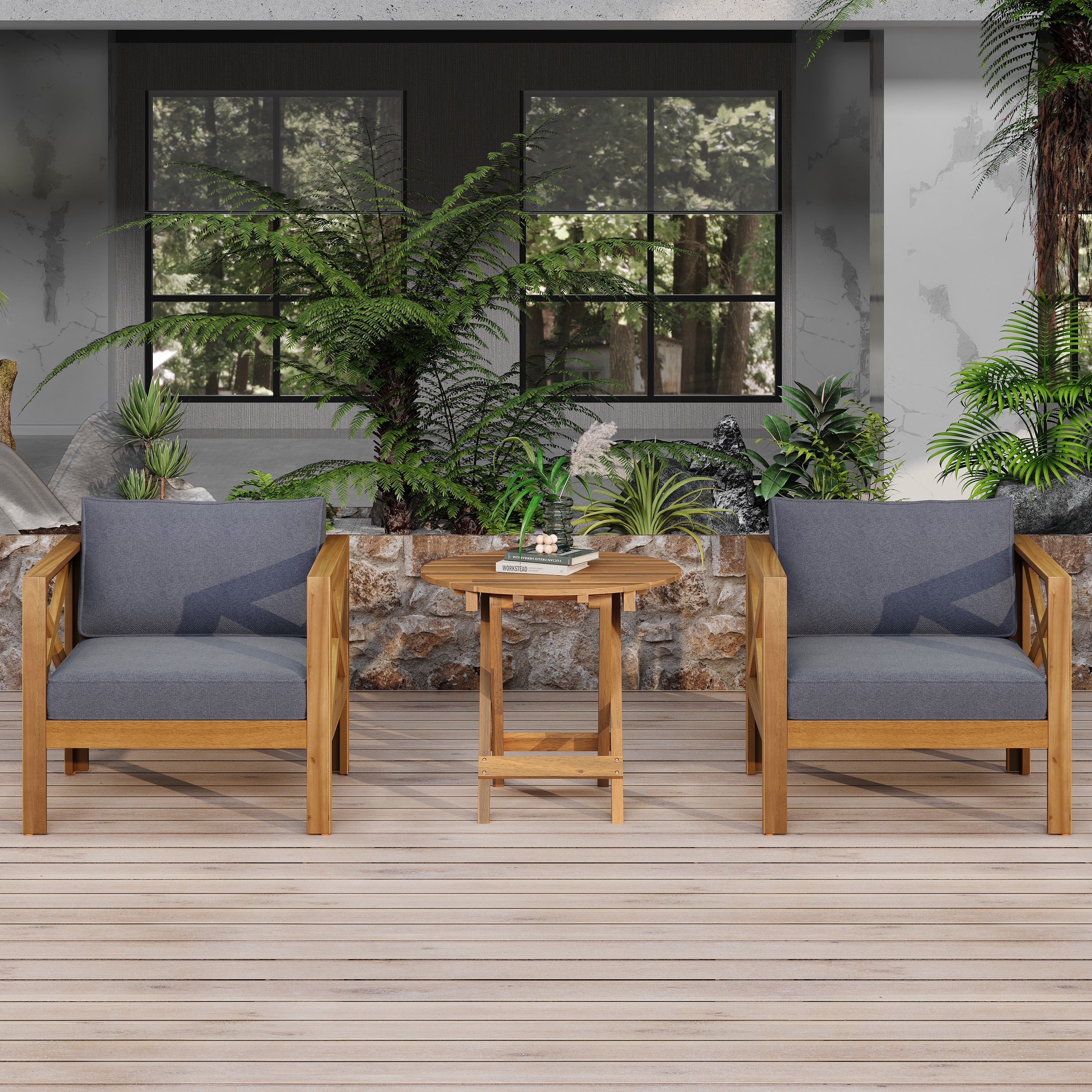 Patio Conversation Set with Foldable Acacia Wood Table and Cushioned Armchairs