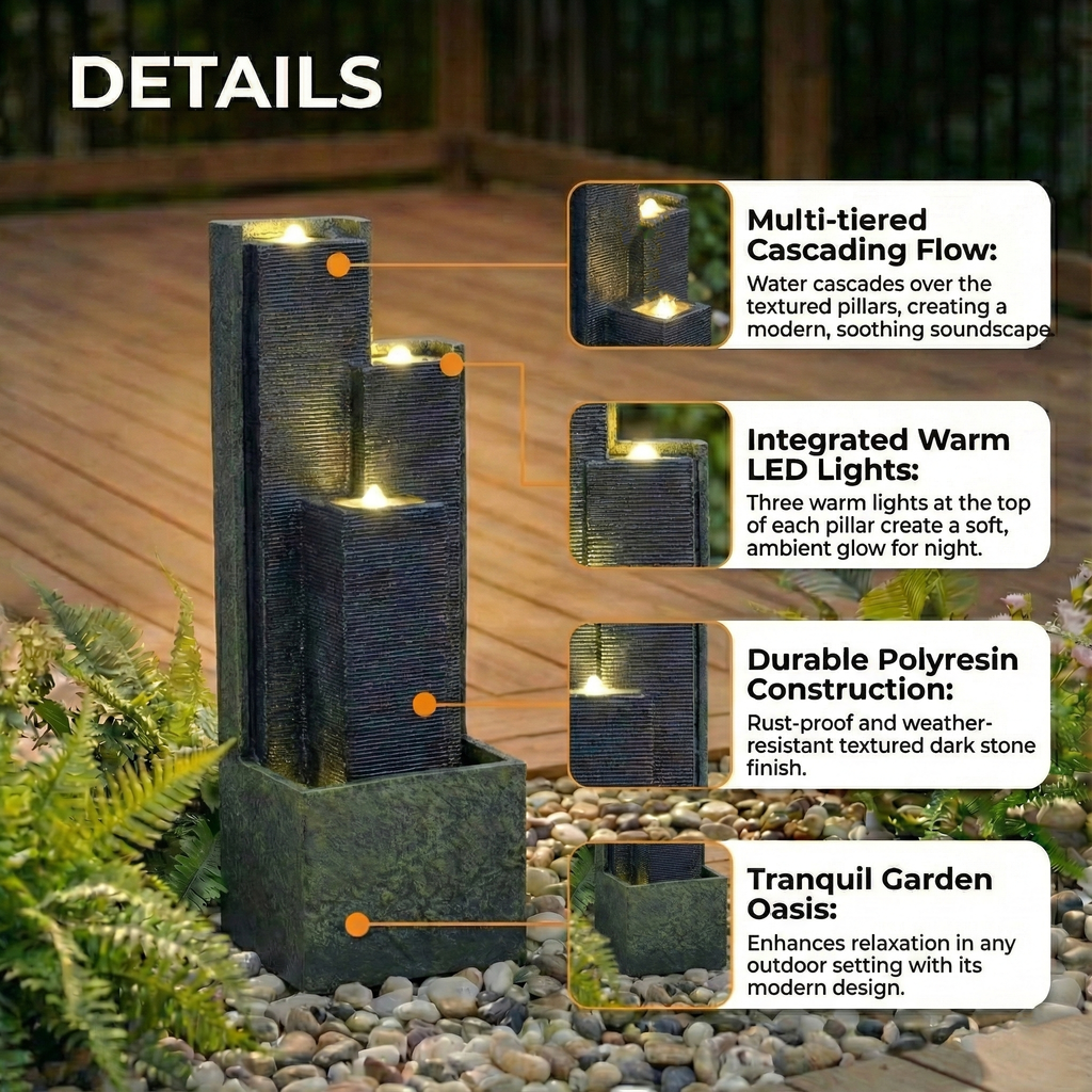 39" H Outdoor Water Fountain Modern Cascading Freestanding Fountain with LED Lights for Garden Patio Porch Lawn