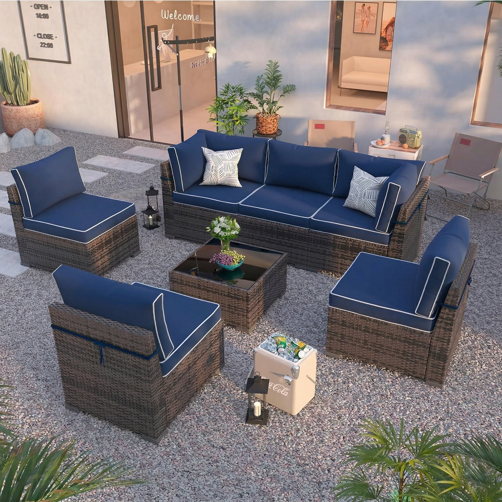 Cushion Covers for 7-Piece (6-Seaters) Wicker Rattan Sectional Sofa - Navy Blue