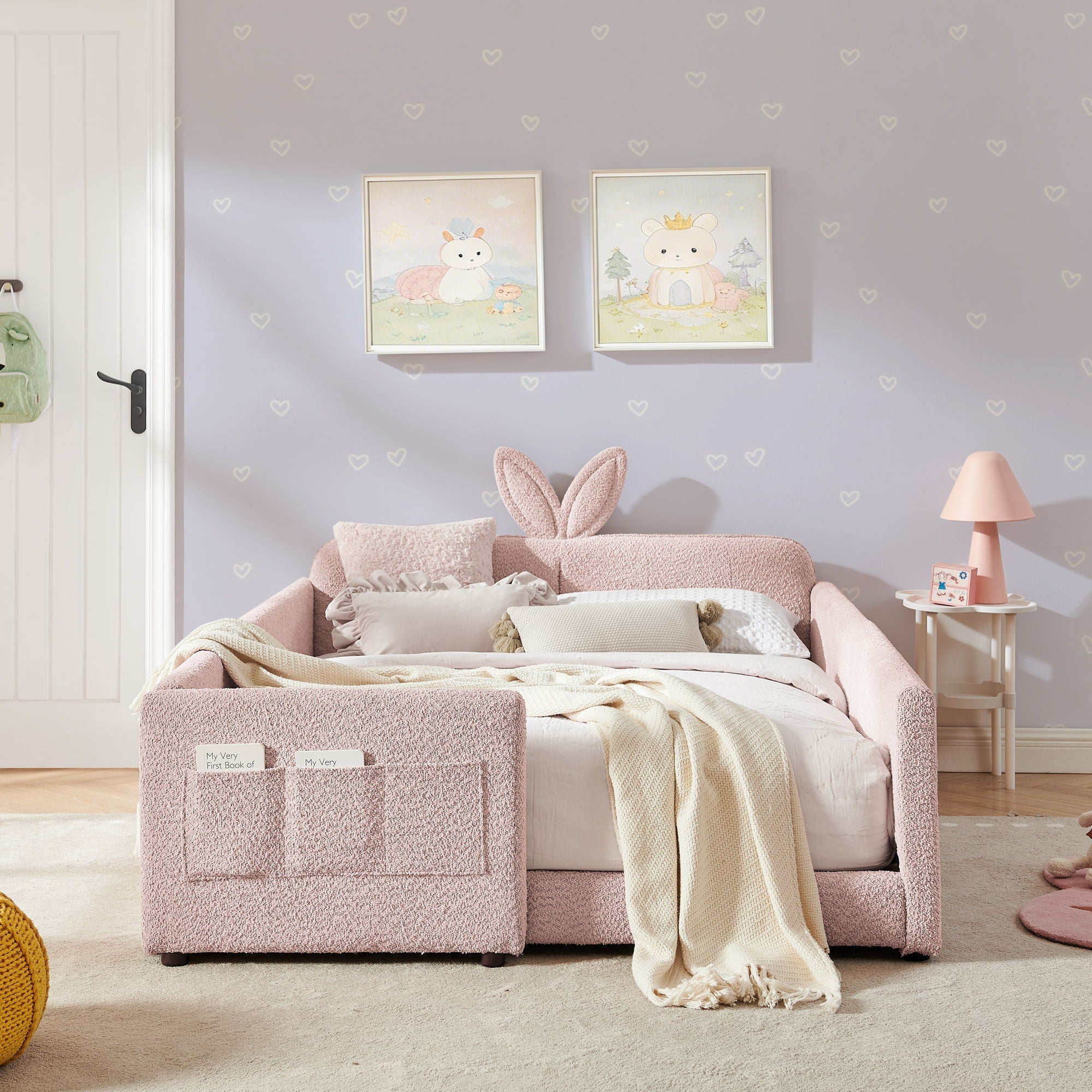 Cute Rabbit Ear Upholstered Platform Bed Frame With Safety Rail