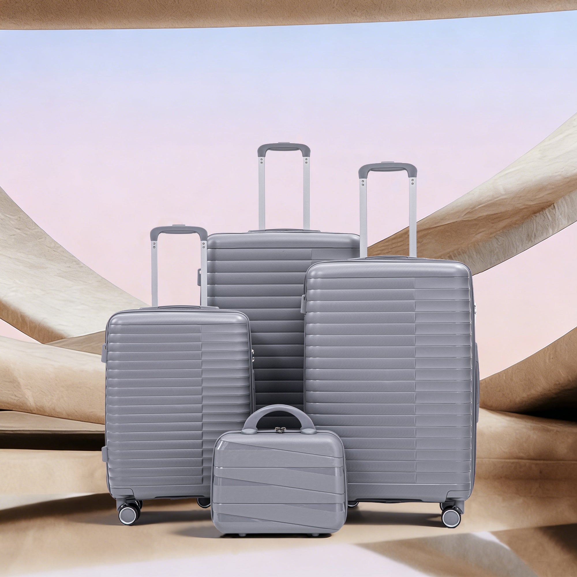 4-Piece PP Spinner Wheel Luggage Set with Cosmetic Case, Light Gray