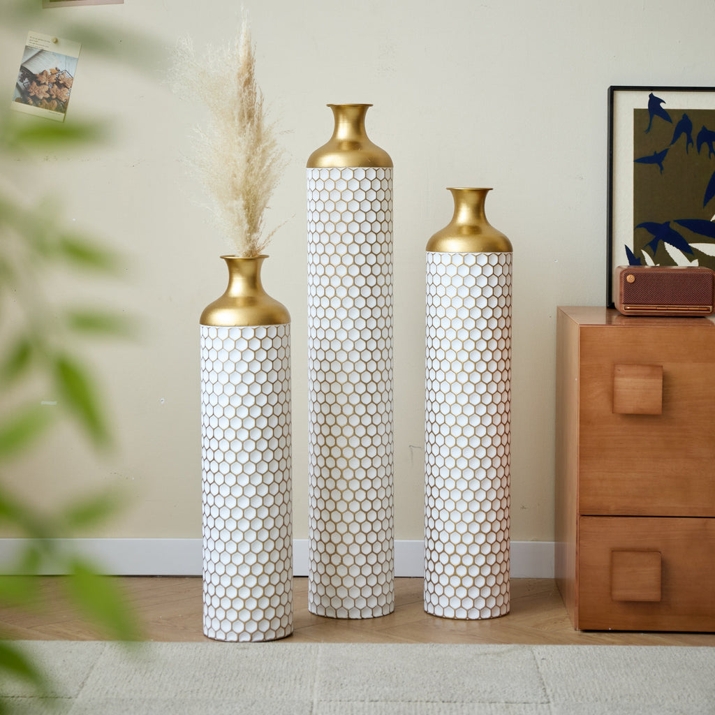 3-Piece Modern Metal Vase Set - White & Gold
