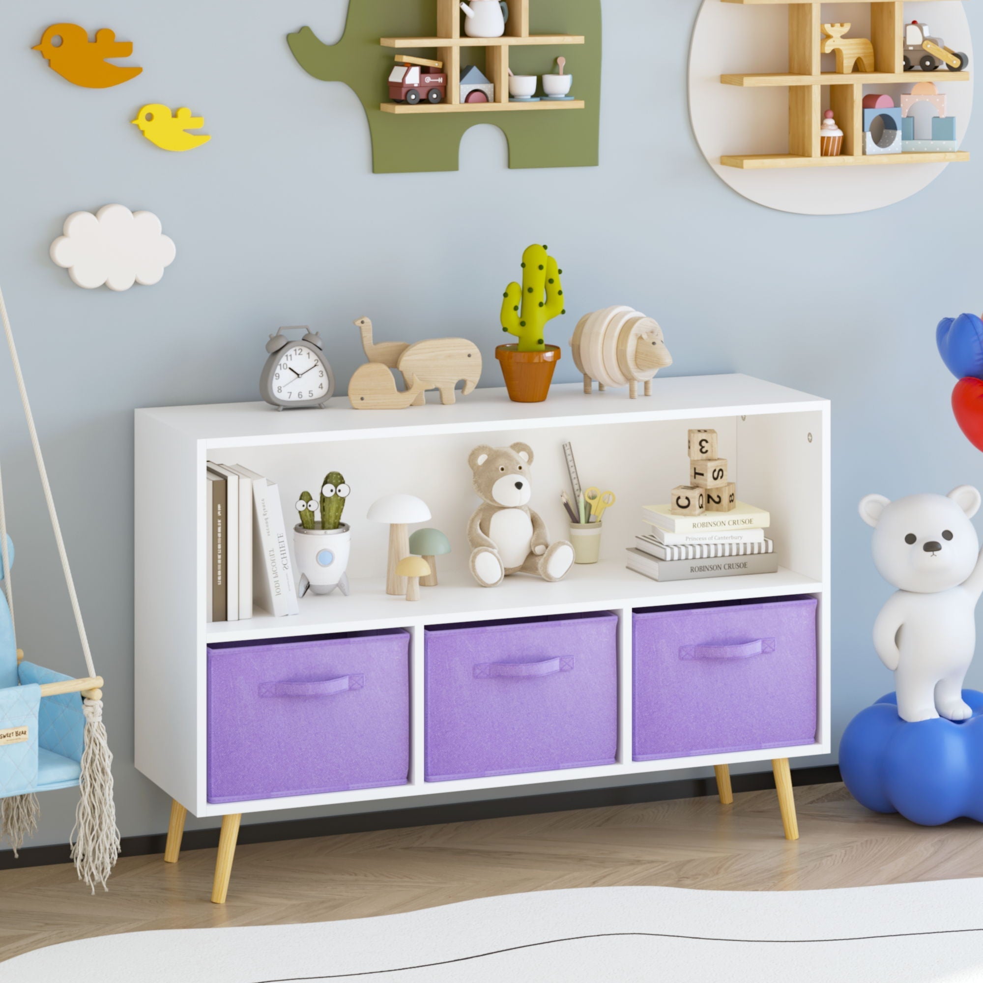 Bookcase With Collapsible Drawers, Book Display Organizer