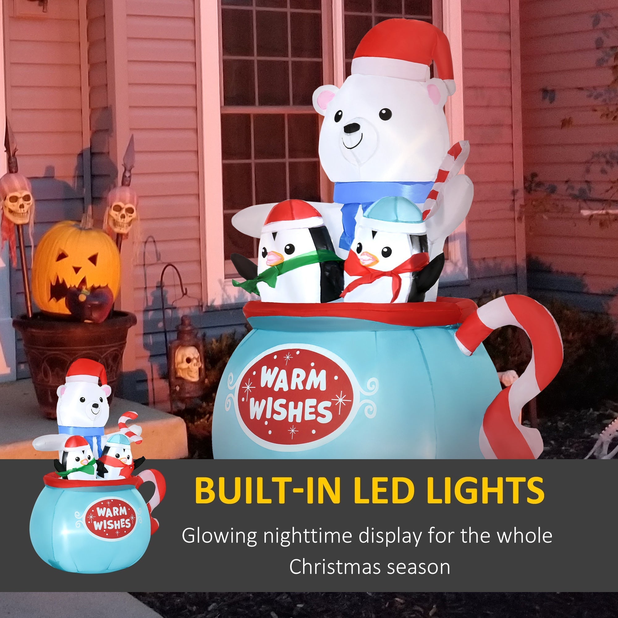Outsunny 5ft Christmas Inflatable Outdoor Decoration Blessed Polar Bear and Penguins in the Cup