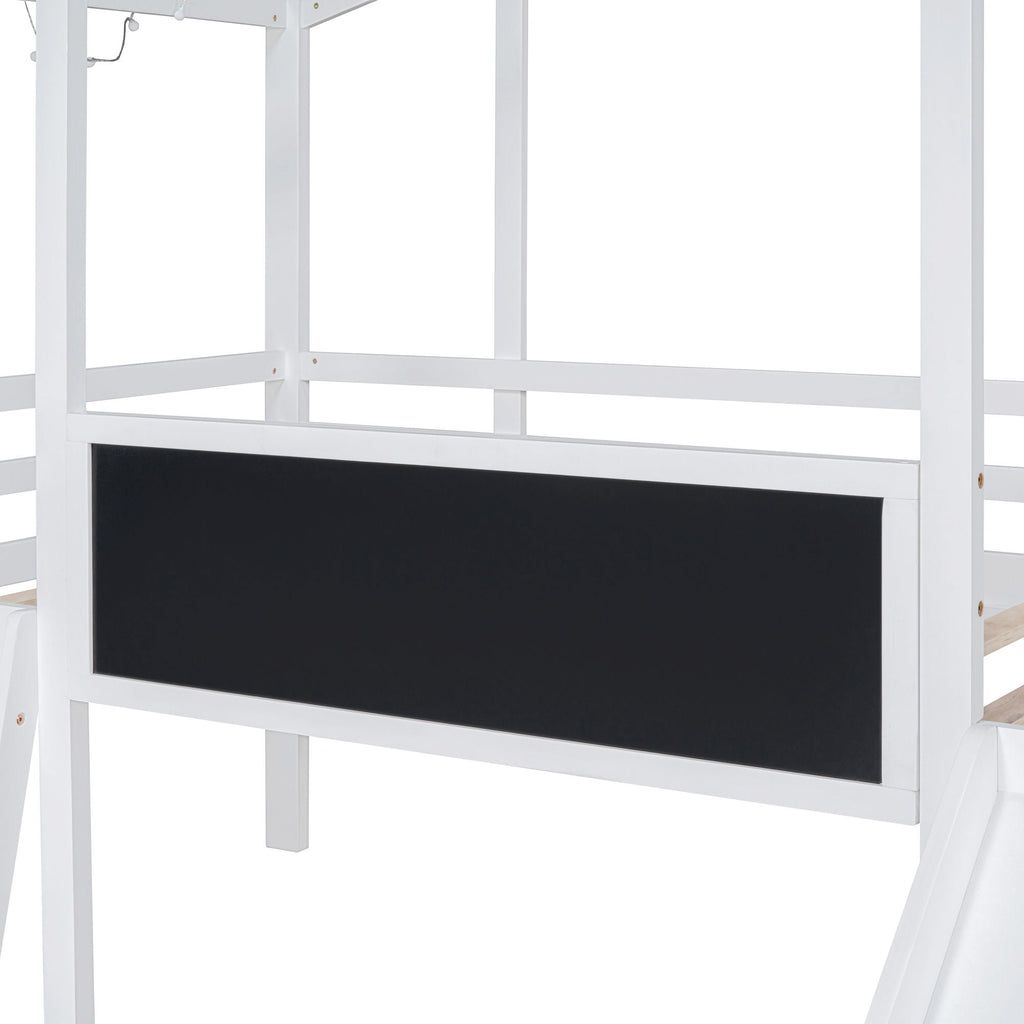 Loft House Bed With Ladder And Slide, With board And Light Strip On The Roof