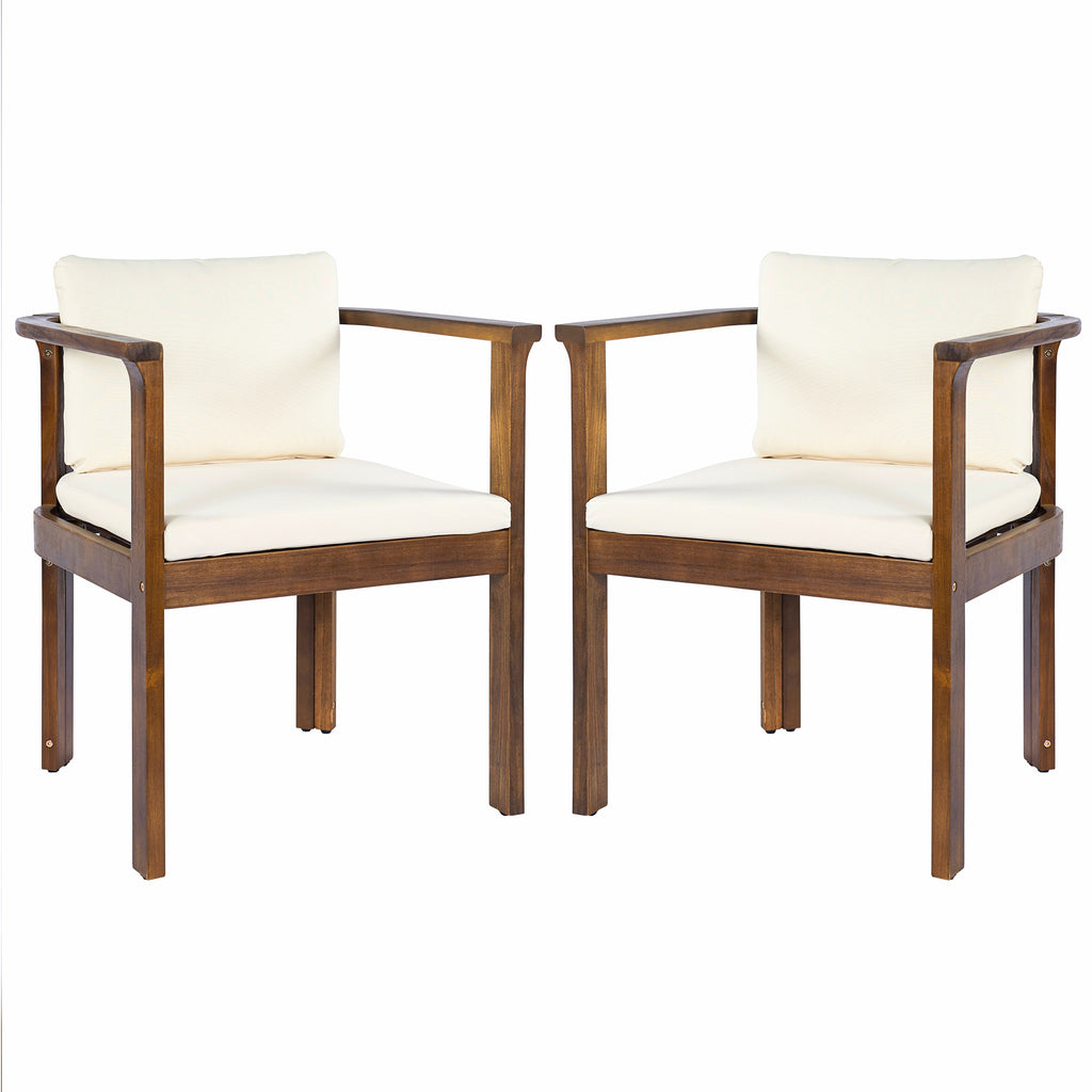 Outdoor Dining Chair Set of 2 with Curved Acacia Wood Arms, Brown Finish and Cream Cushions