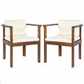 Outdoor Dining Chair Set of 2 with Curved Acacia Wood Arms, Brown Finish and Cream Cushions