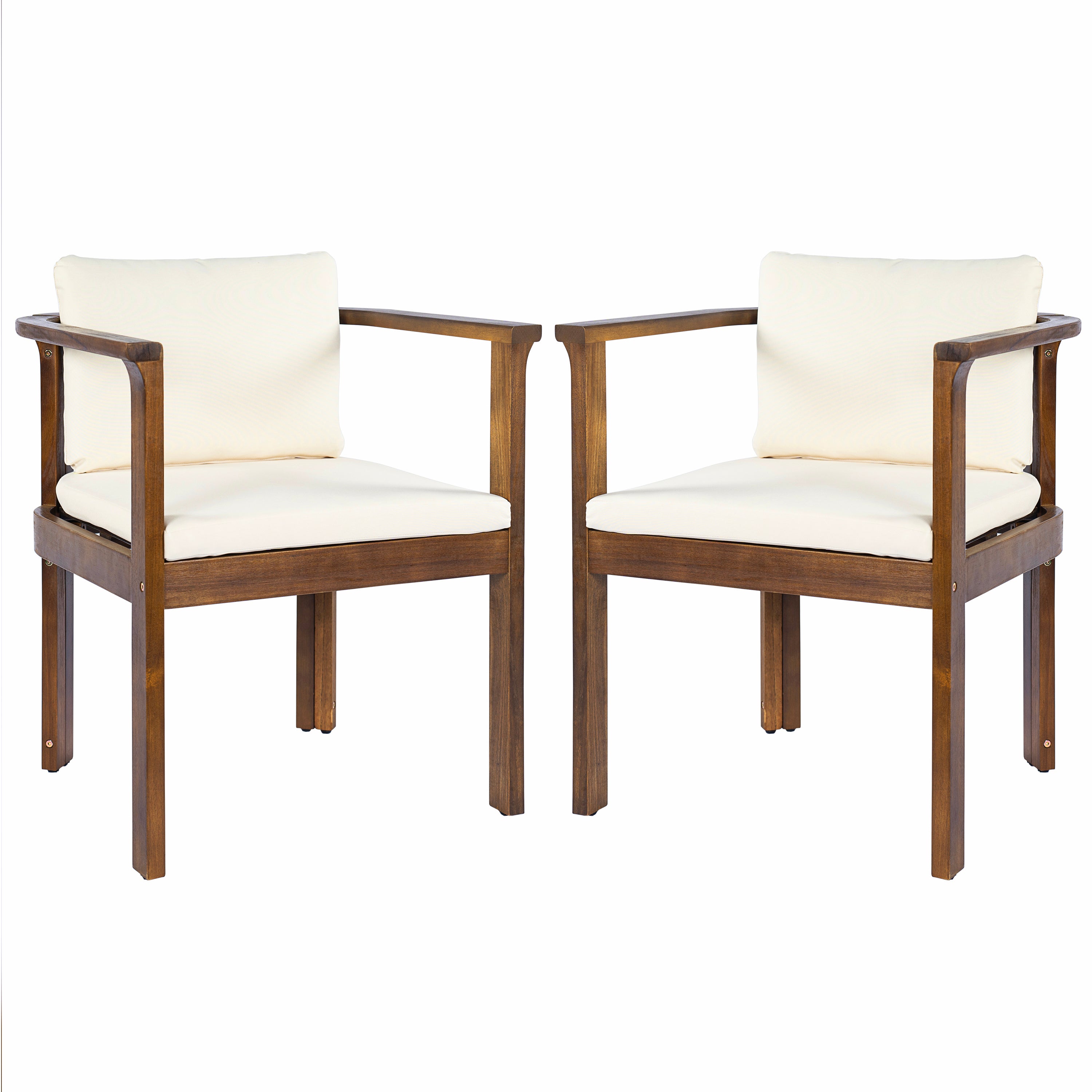 Outdoor Dining Chair Set of 2 with Curved Acacia Wood Arms, Brown Finish and Cream Cushions