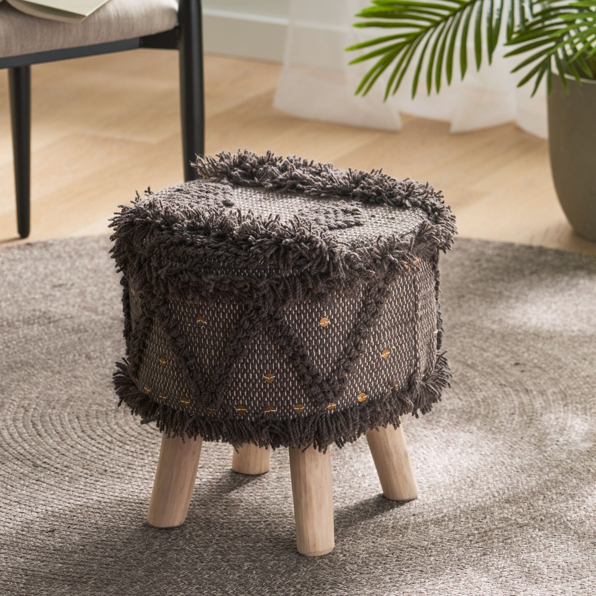 Roja Handcrafted Wool & Cotton Foot Stool with Eucalyptus Wood Frame - Dark Brown