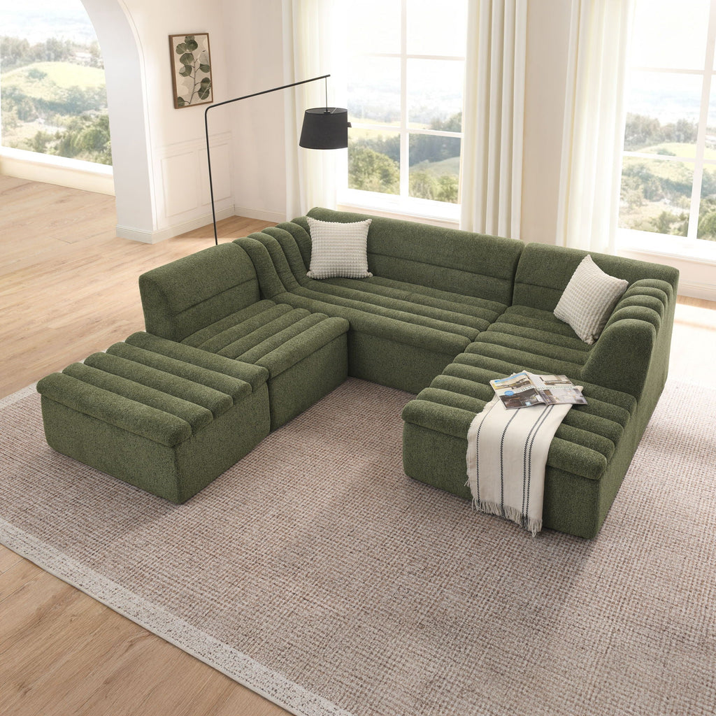 U-Shaped Modular Sectional Sofa With Chaise And Movable Ottoman With Wave-Shaped Armrest