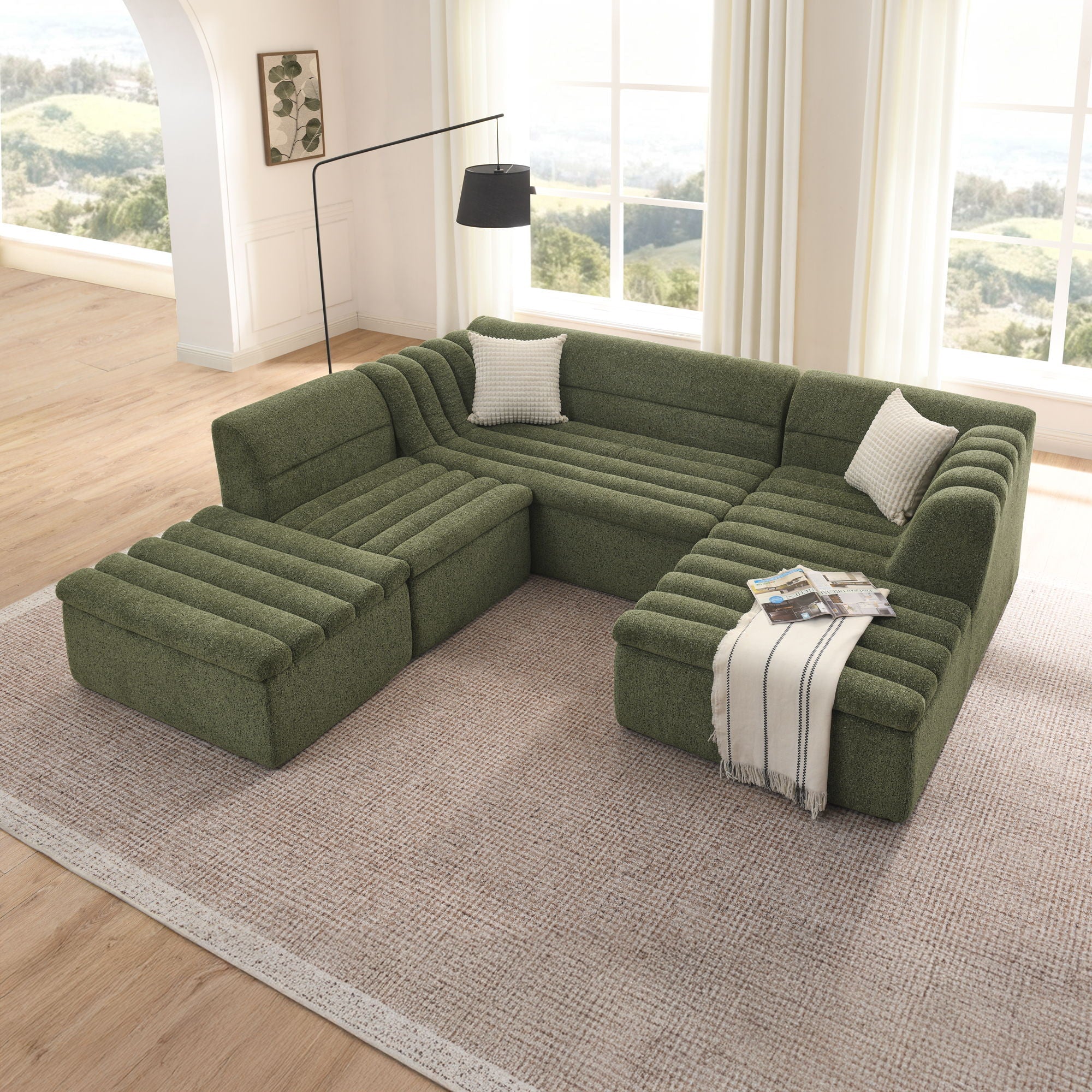 U-Shaped Modular Sectional Sofa With Chaise And Movable Ottoman With Wave-Shaped Armrest