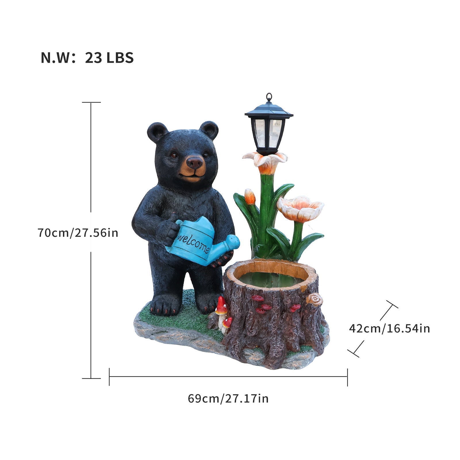 Standing Black Bear Garden Planter with Decorative Solar Lantern