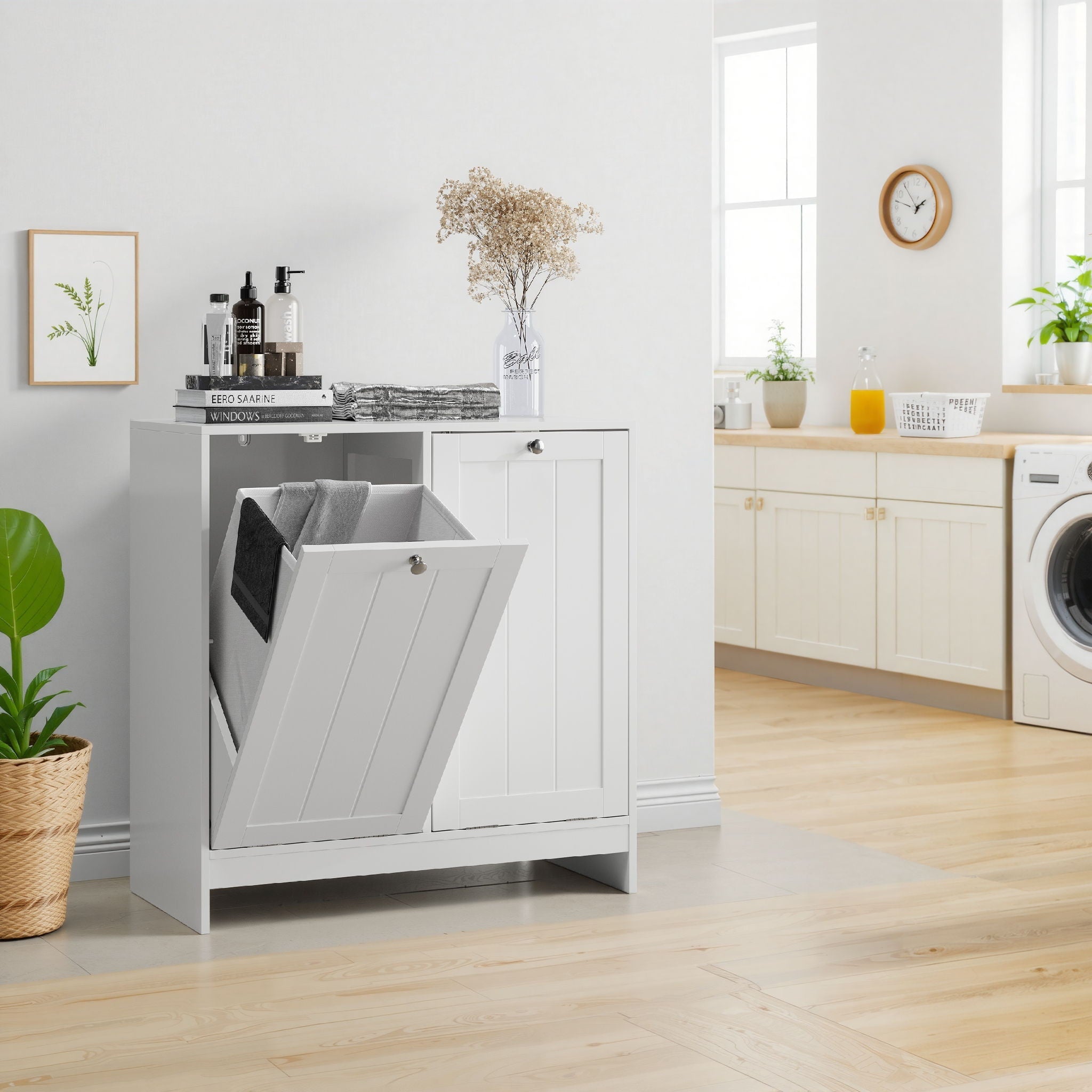 Tilted Laundry Hamper With Removable Basket, Hidden Storage Cabinet, Home Organizer For Bathroom - White