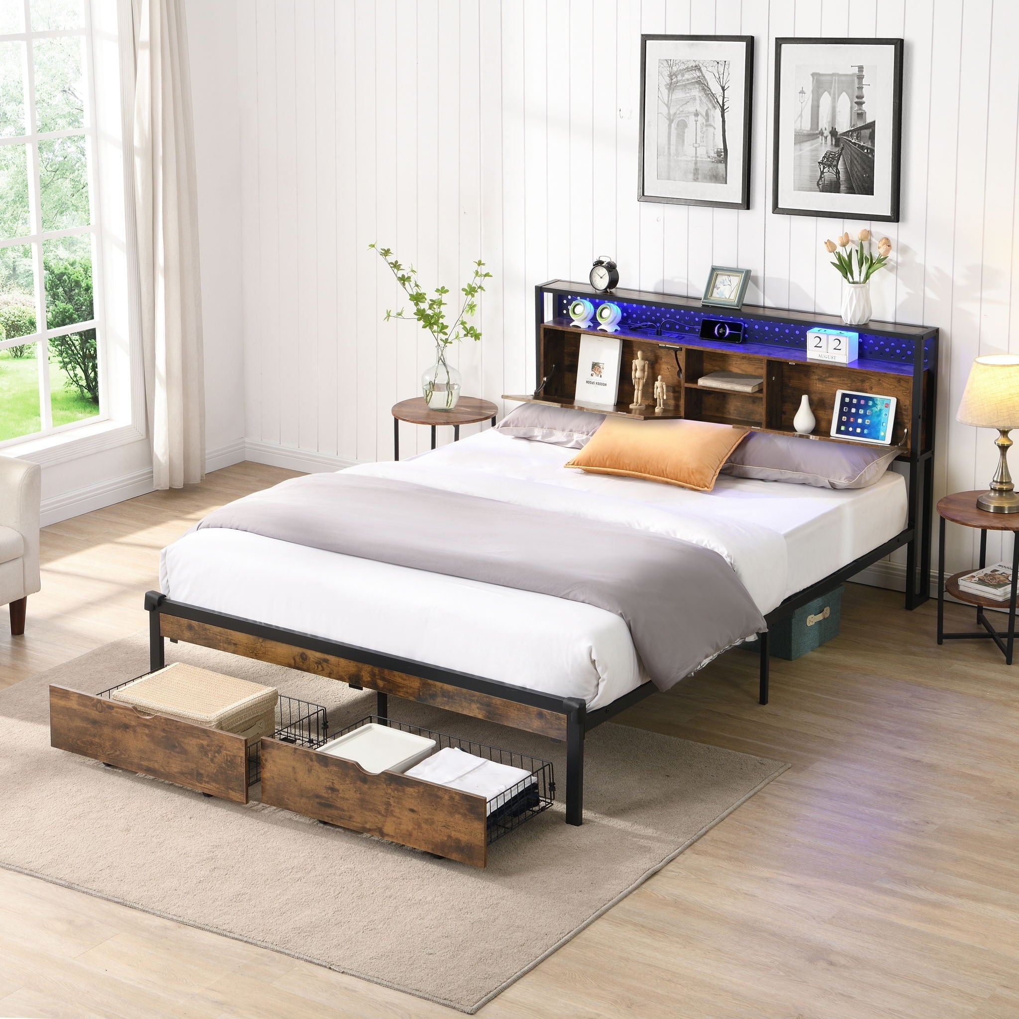 Modern Platform Bed with USB Charging Station, 2 Drawers, and LED Lights