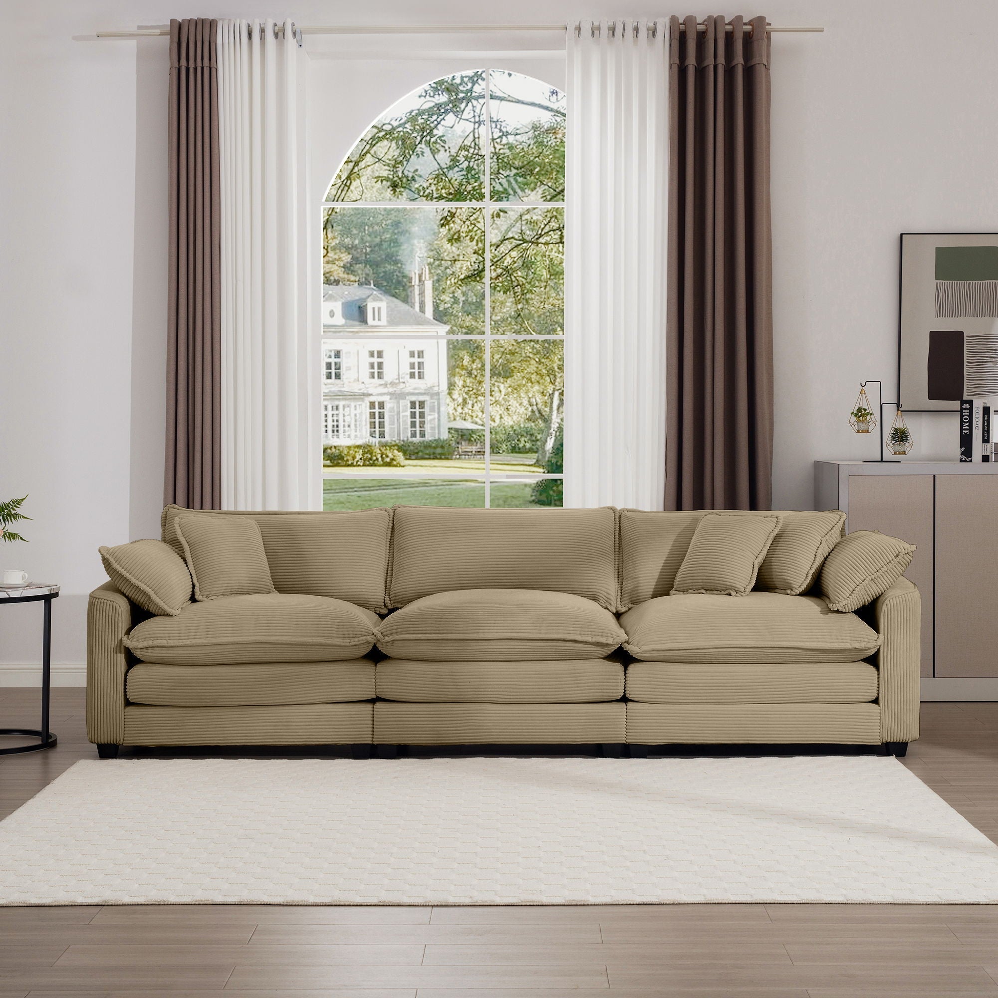 Mid-Century Modern 3 Seater Sectional Sofa With Arm And Throw Pillows