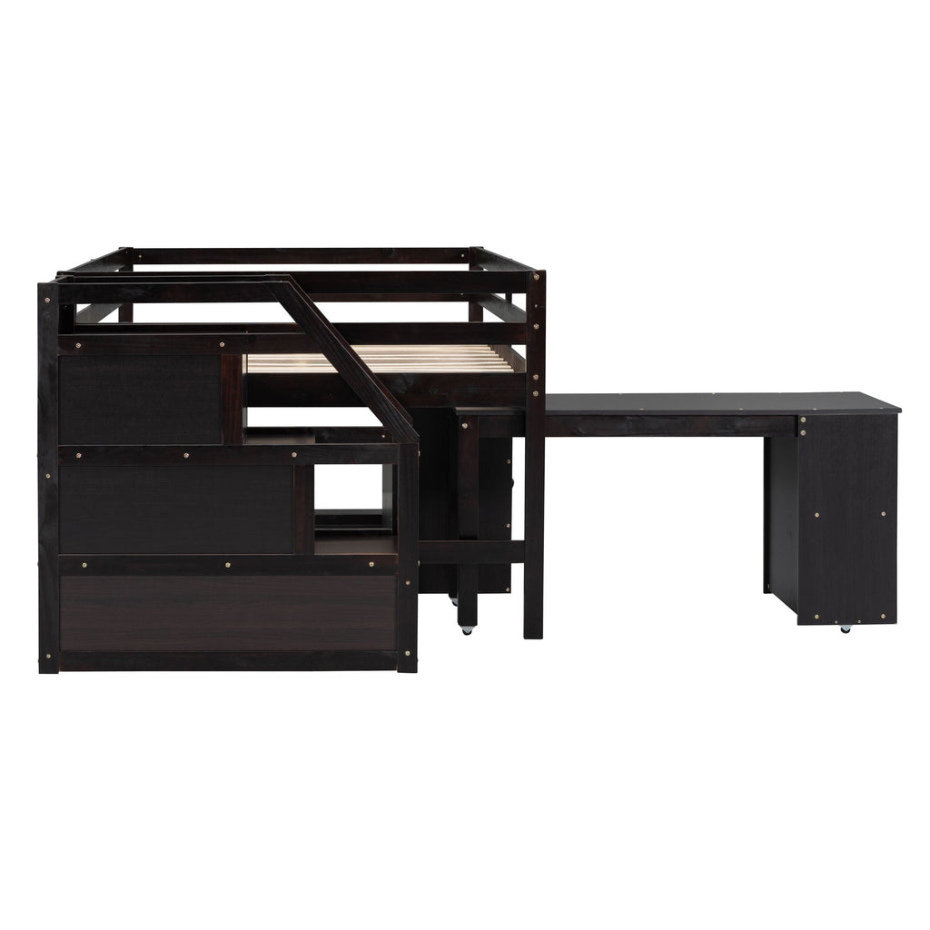 Loft Bed With Retractable Writing Desk And 3 Drawers With Storage Stairs And Shelves