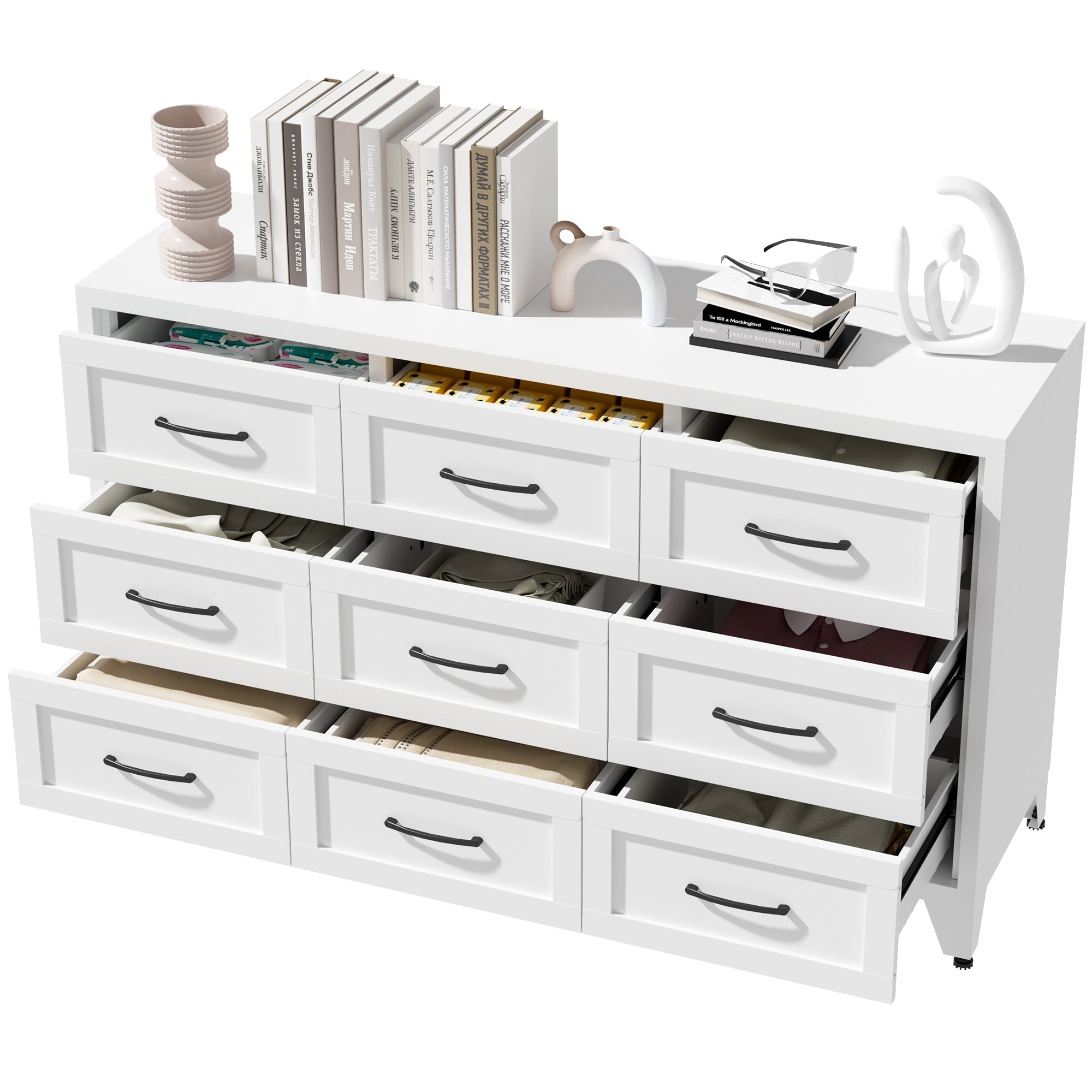 9 Drawer White Metal Dresser with Quiet-Glide Rails