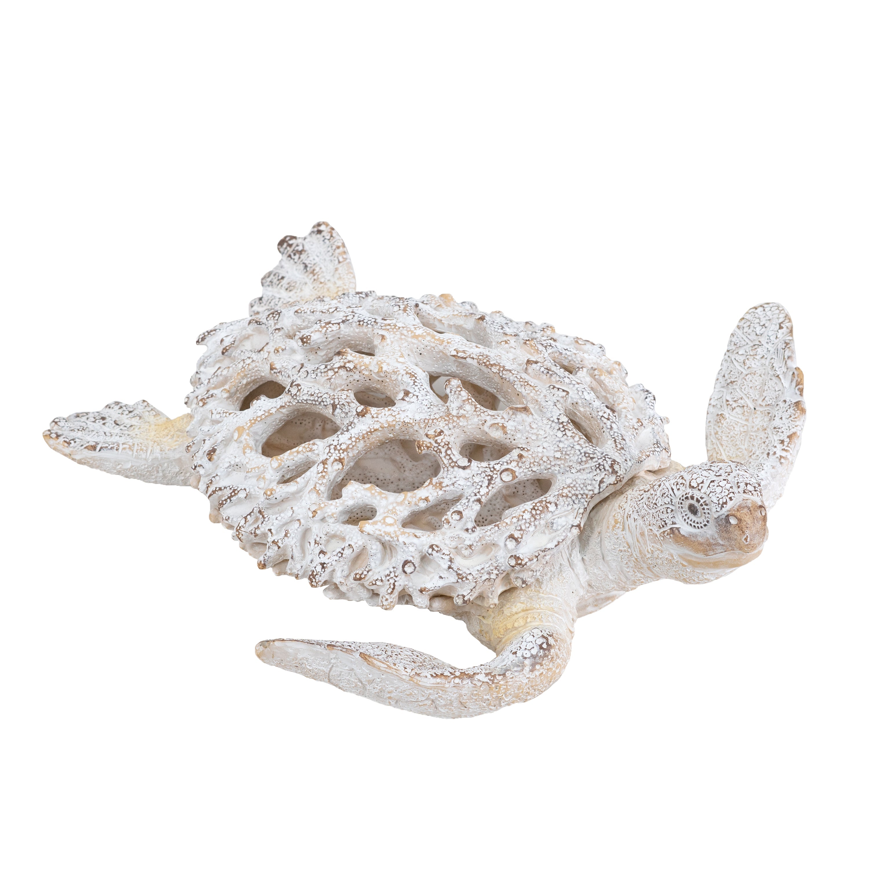 13.2x12.2x3.9' Decorative Polyresin Turtle Statue with White Coral Reef Design