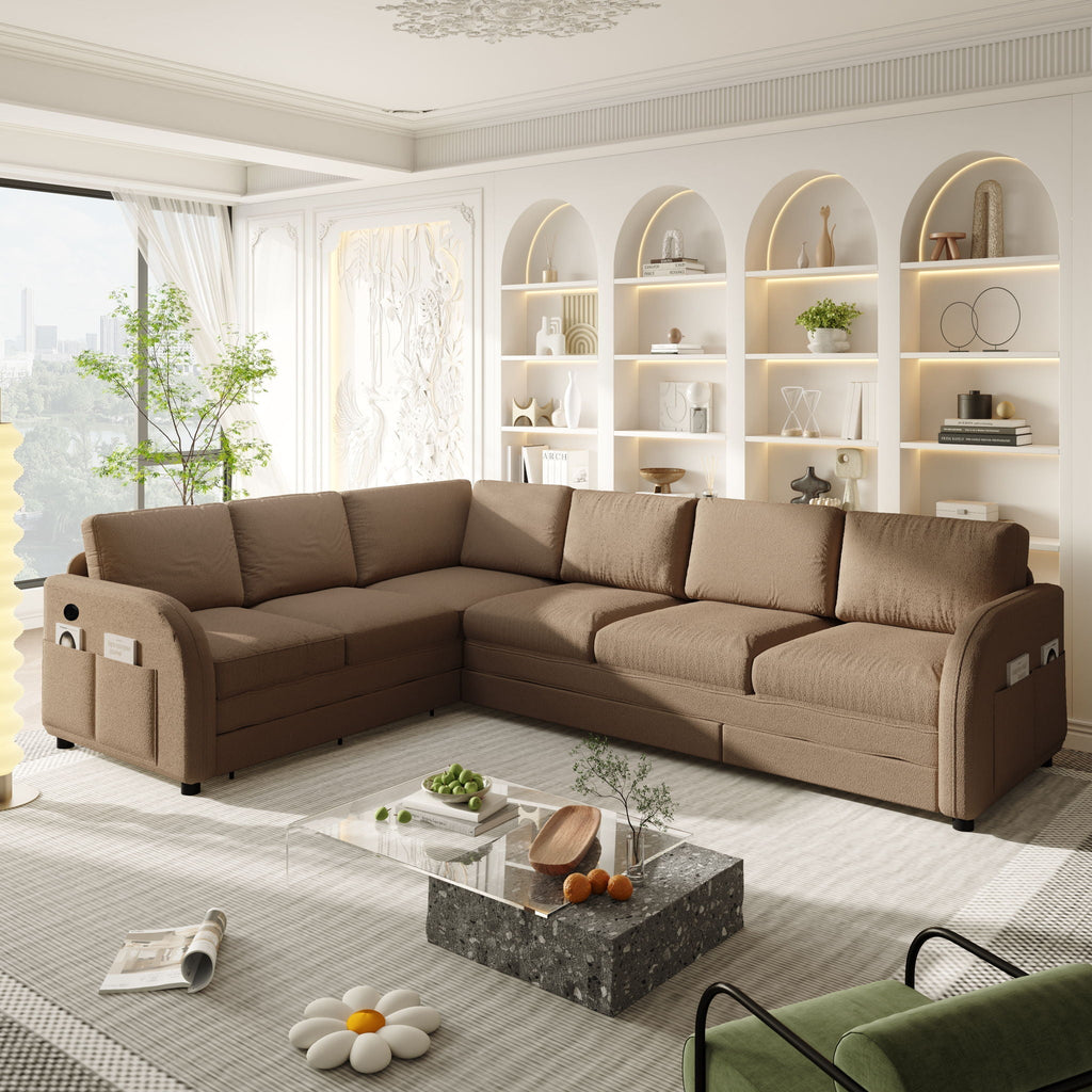 L-Shaped Couch With Pull-Out Bed, Convertible Sleeper Sofa With Side Pocket & USB Port