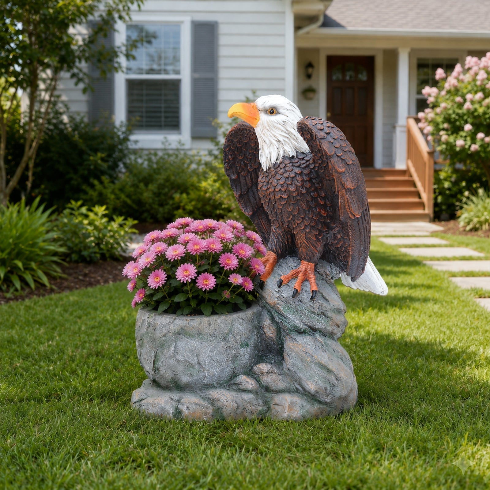 Standing Eagle Statue Garden Planter on Faux Stone Base