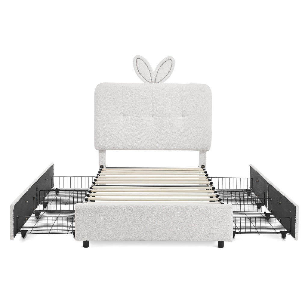 Upholstered Bed With Oversized Rabbit Ear Headboard, LED Lights & 4 Storage Drawers